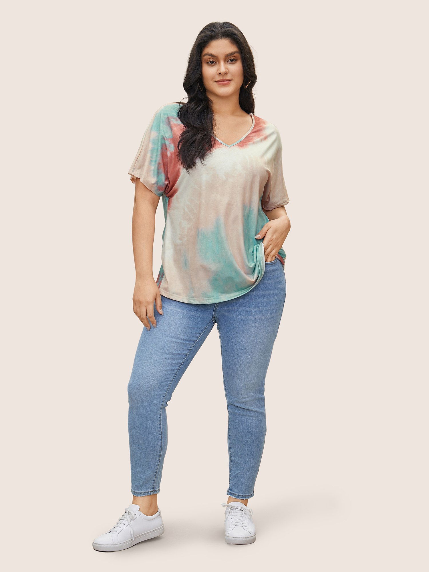 Plus Size Tie Dye Drop Shoulder V Neck T-shirt Multicolor Women Resort Tie Dye V-neck Vacation T-shirts BloomChic 22-24/3X 