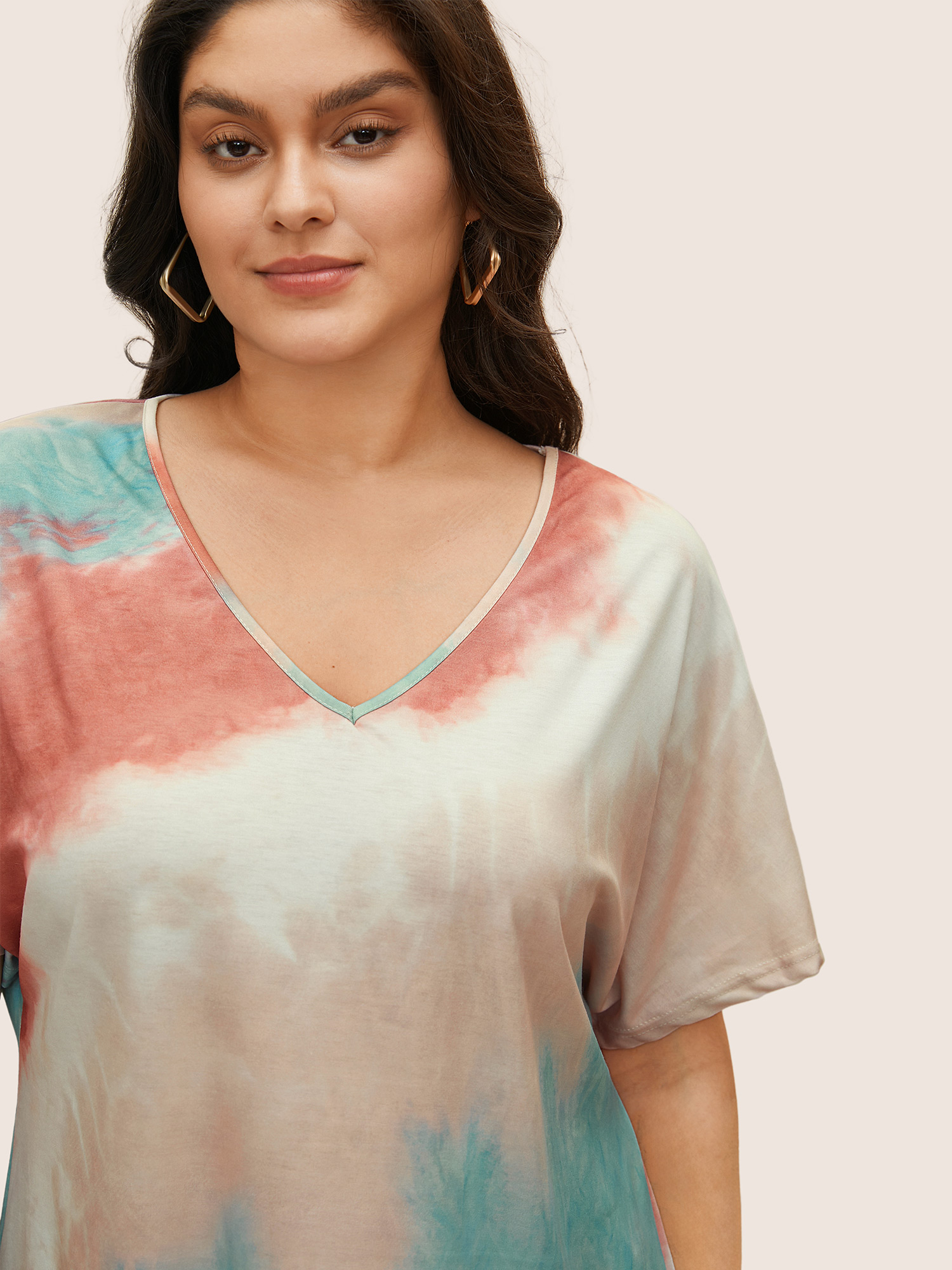 Plus Size Tie Dye Drop Shoulder V Neck T-shirt Multicolor Women Resort Tie Dye V-neck Vacation T-shirts BloomChic 22-24/3X 