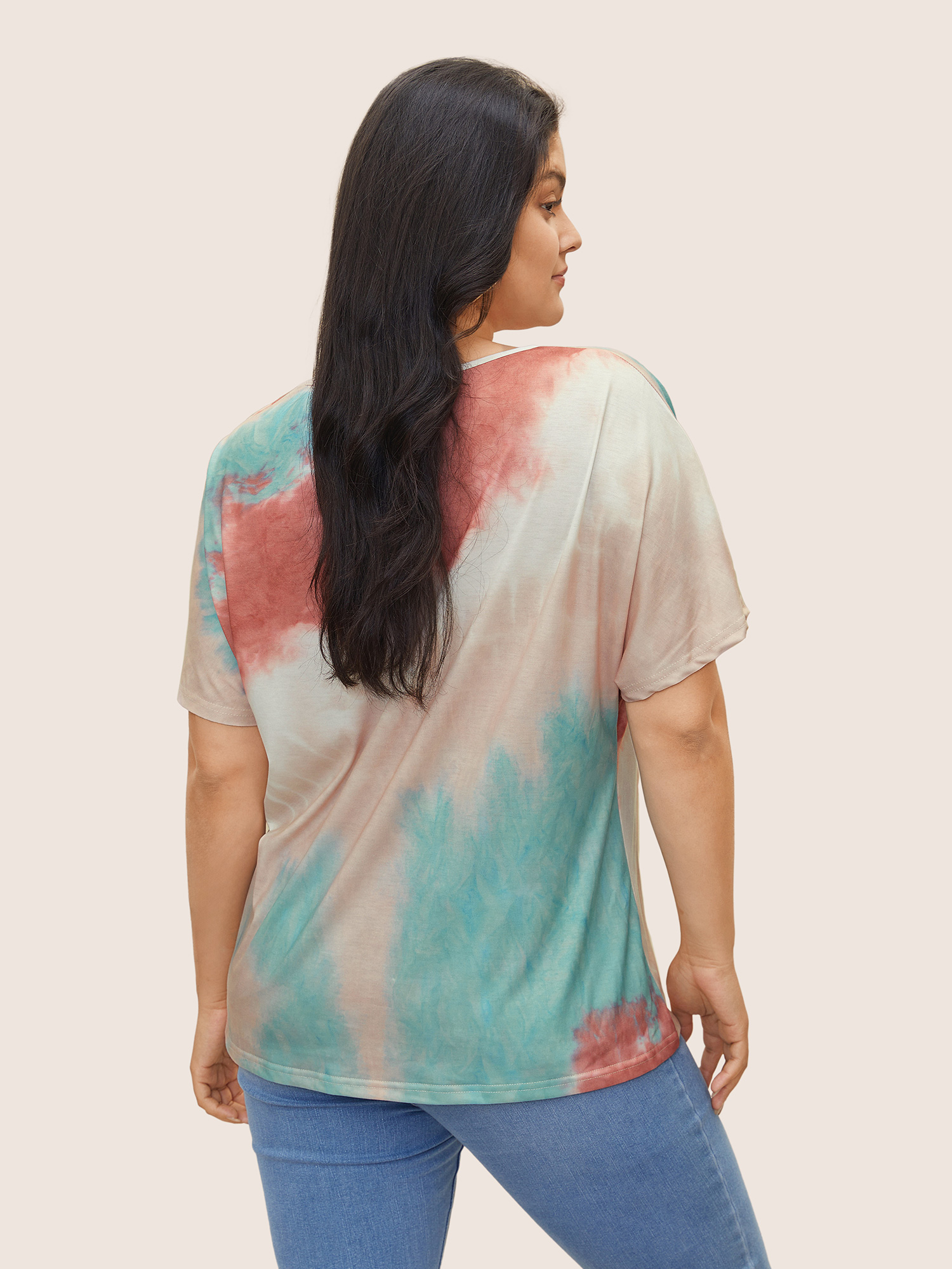 

Plus Size Tie Dye Drop Shoulder V Neck T-shirt Multicolor Women Resort Tie Dye V-neck Vacation T-shirts BloomChic