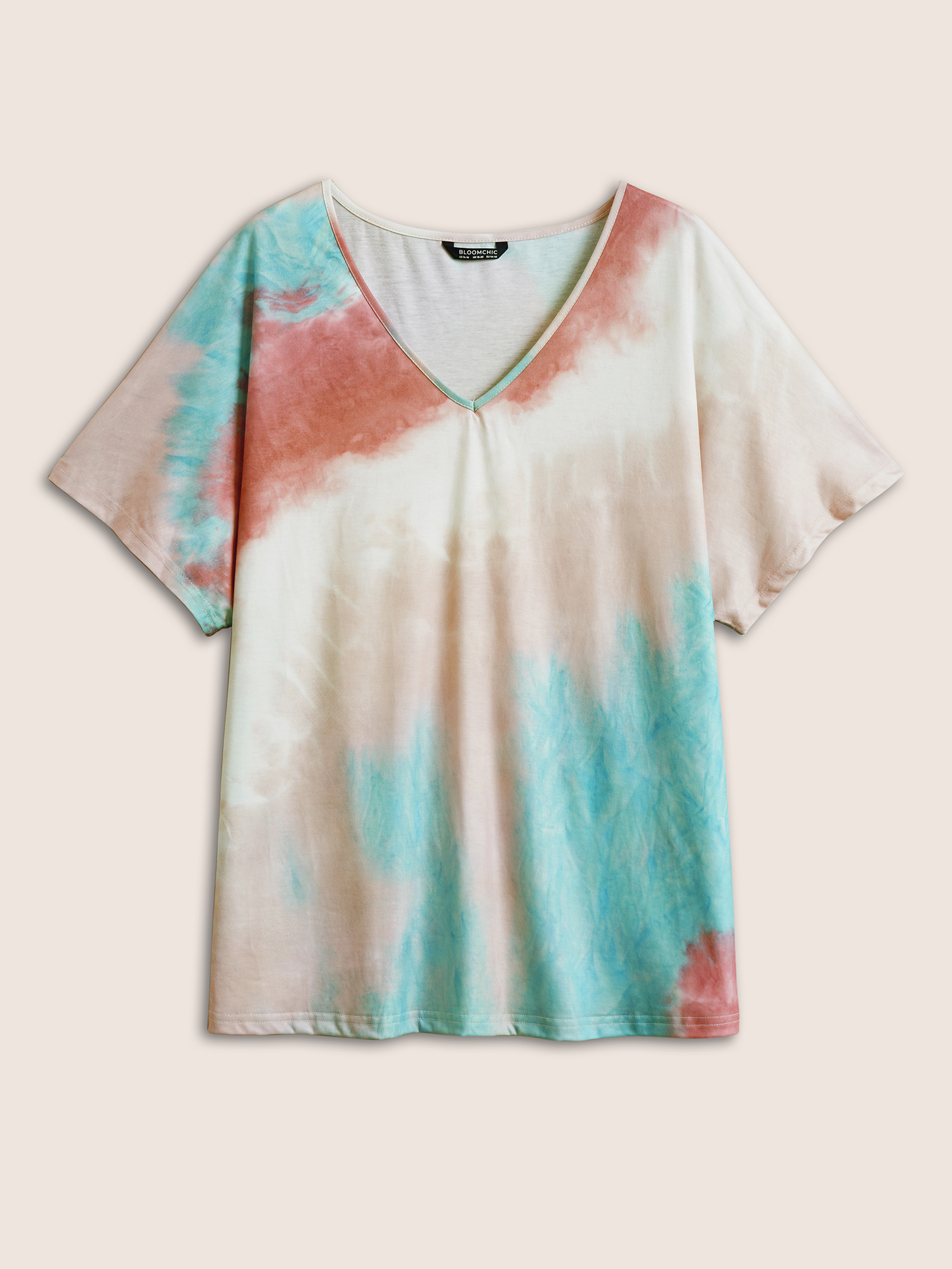 Plus Size Tie Dye Drop Shoulder V Neck T-shirt Multicolor Women Resort Tie Dye V-neck Vacation T-shirts BloomChic 22-24/3X 