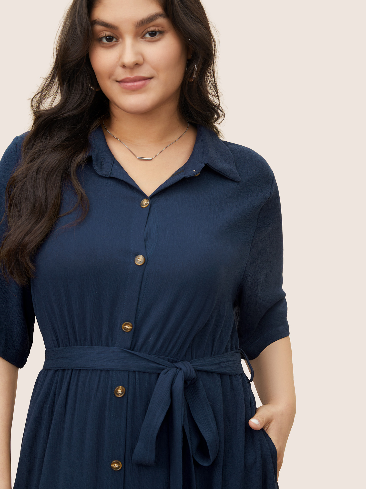 Plus Size Women Work Plain Plain Regular Sleeve Short sleeve Shirt collar Pocket Belt Work From Home Dresses BloomChic 