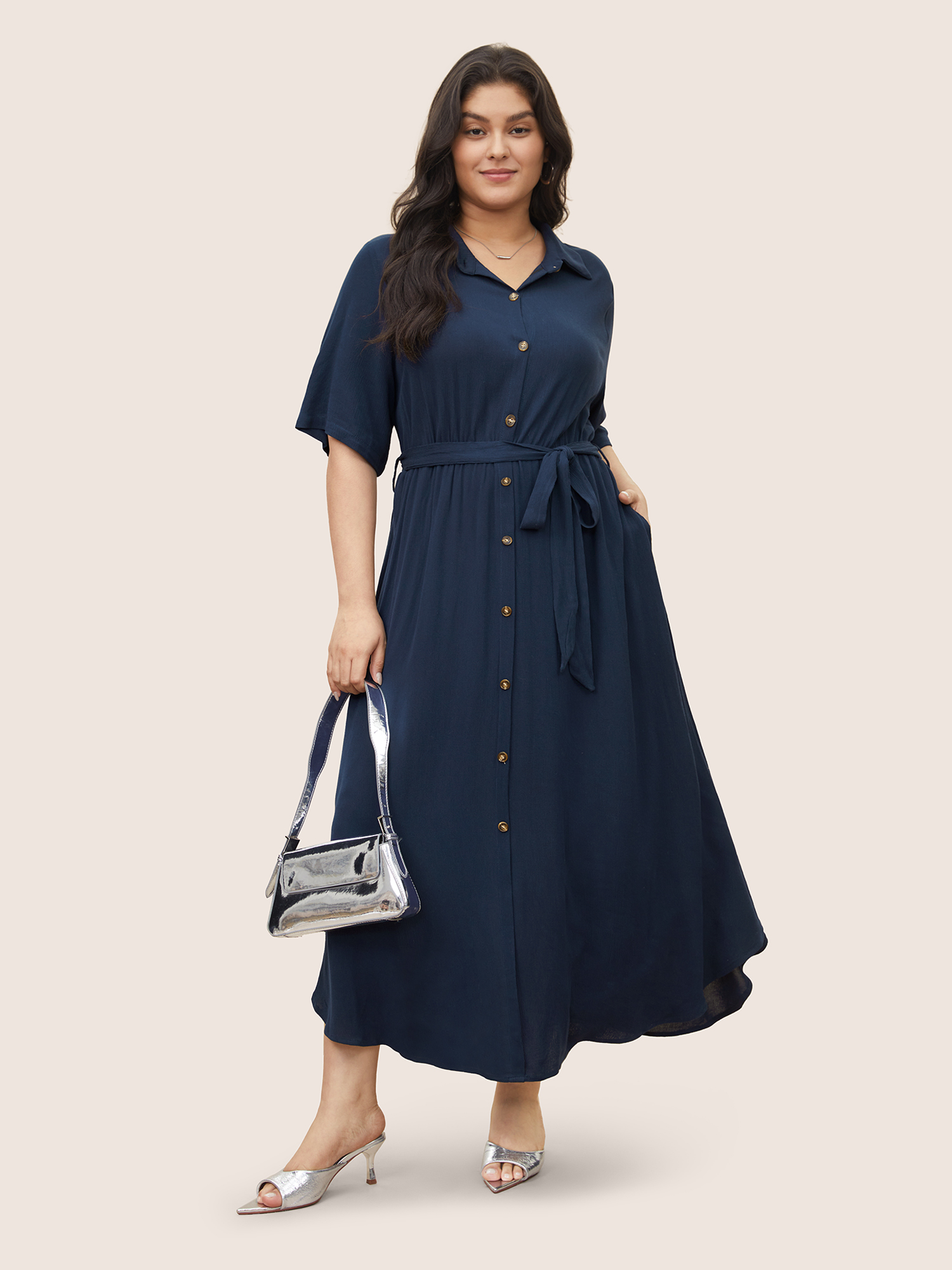 Plus Size Women Work Plain Plain Regular Sleeve Short sleeve Shirt collar Pocket Belt Work From Home Dresses BloomChic 