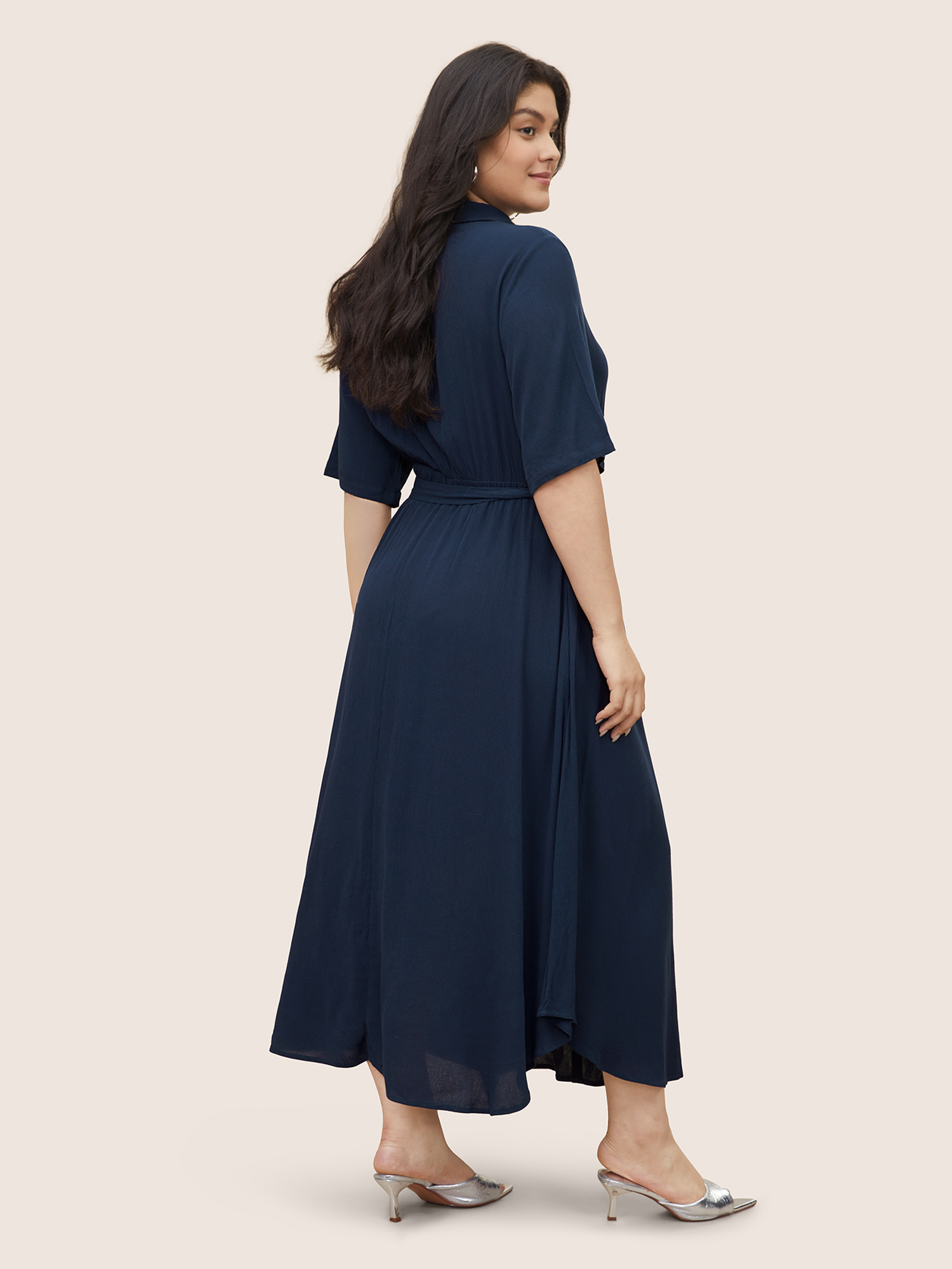 Plus Size Women Work Plain Plain Regular Sleeve Short sleeve Shirt collar Pocket Belt Work From Home Dresses BloomChic 
