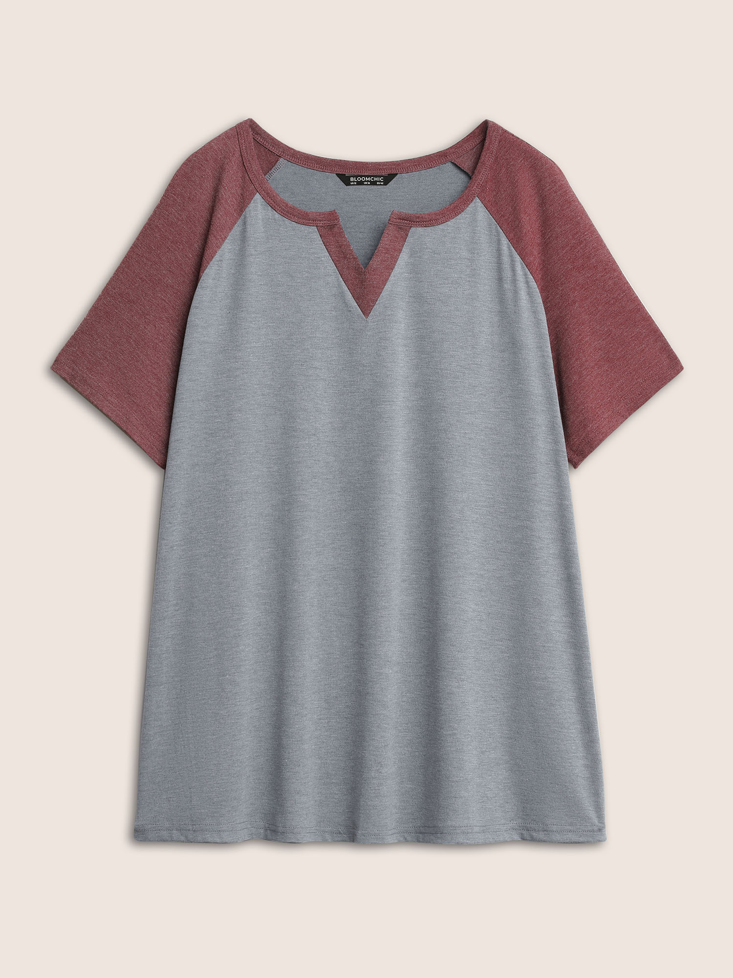 

Plus Size Colorblock Contrast Notched Raglan Sleeve T-shirt Gray Women Casual Plain Notched collar Everyday T-shirts BloomChic
