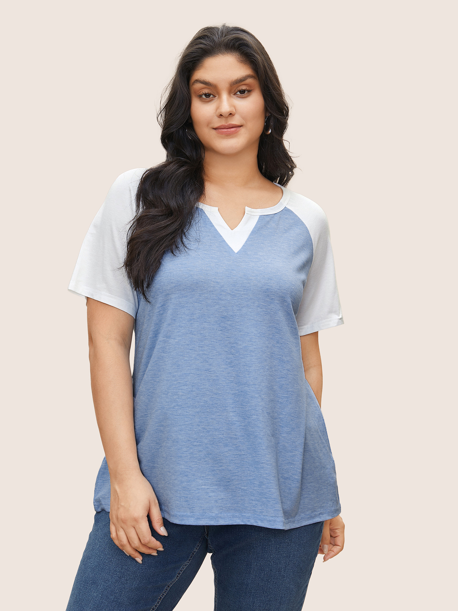 

Plus Size Colorblock Contrast Notched Raglan Sleeve T-shirt LightBlue Women Casual Plain Everyday T-shirts BloomChic