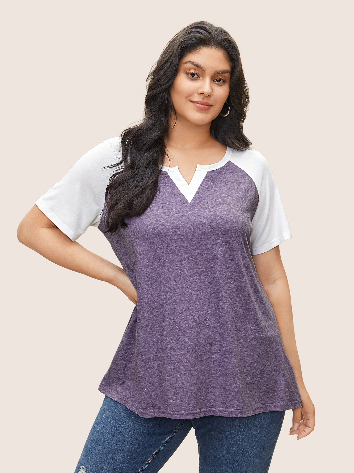 

Plus Size Colorblock Contrast Notched Raglan Sleeve T-shirt Mauve Women Casual Plain Notched collar Everyday T-shirts BloomChic