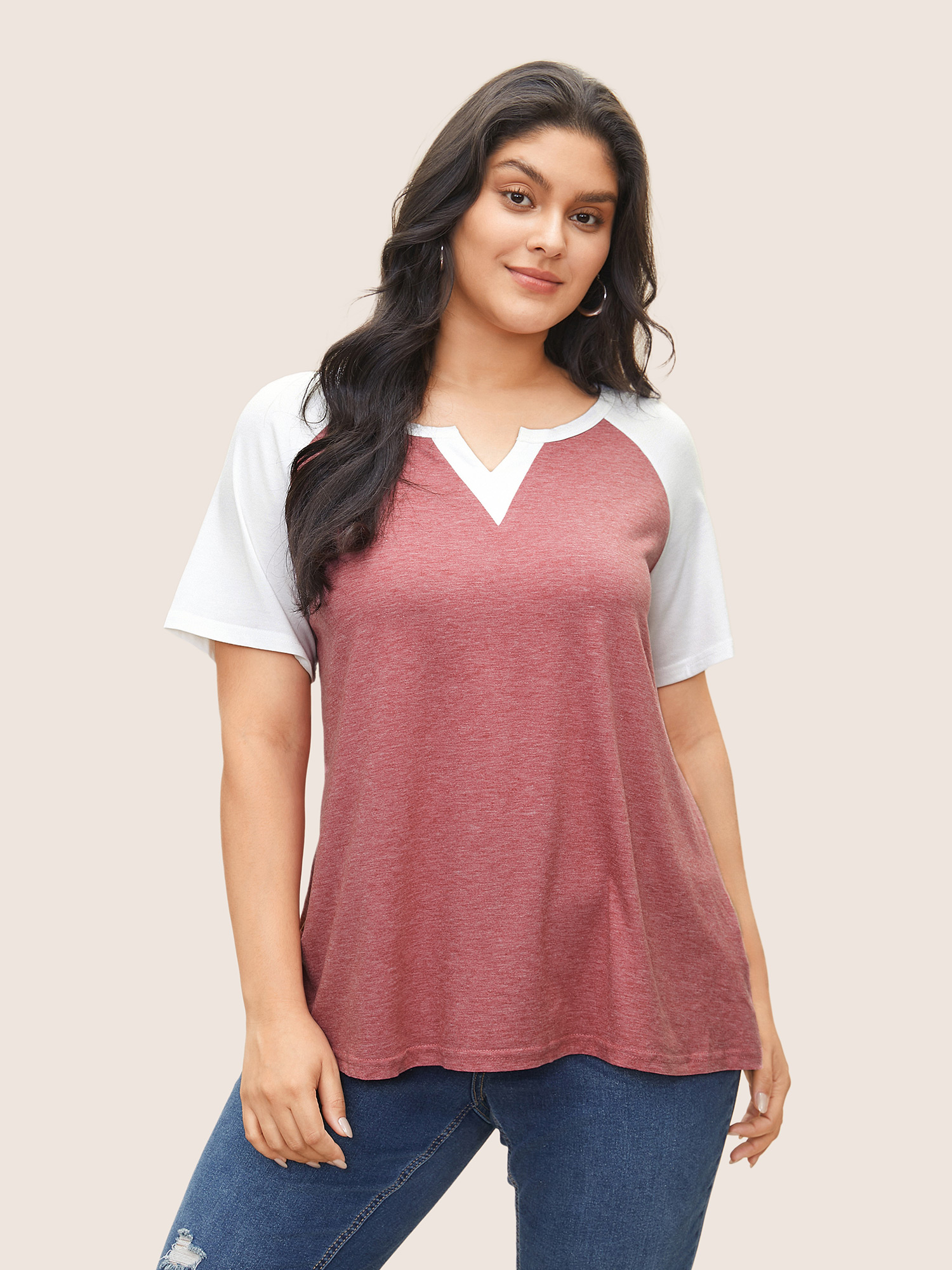 

Plus Size Colorblock Contrast Notched Raglan Sleeve T-shirt Russet Women Casual Plain Notched collar Everyday T-shirts BloomChic