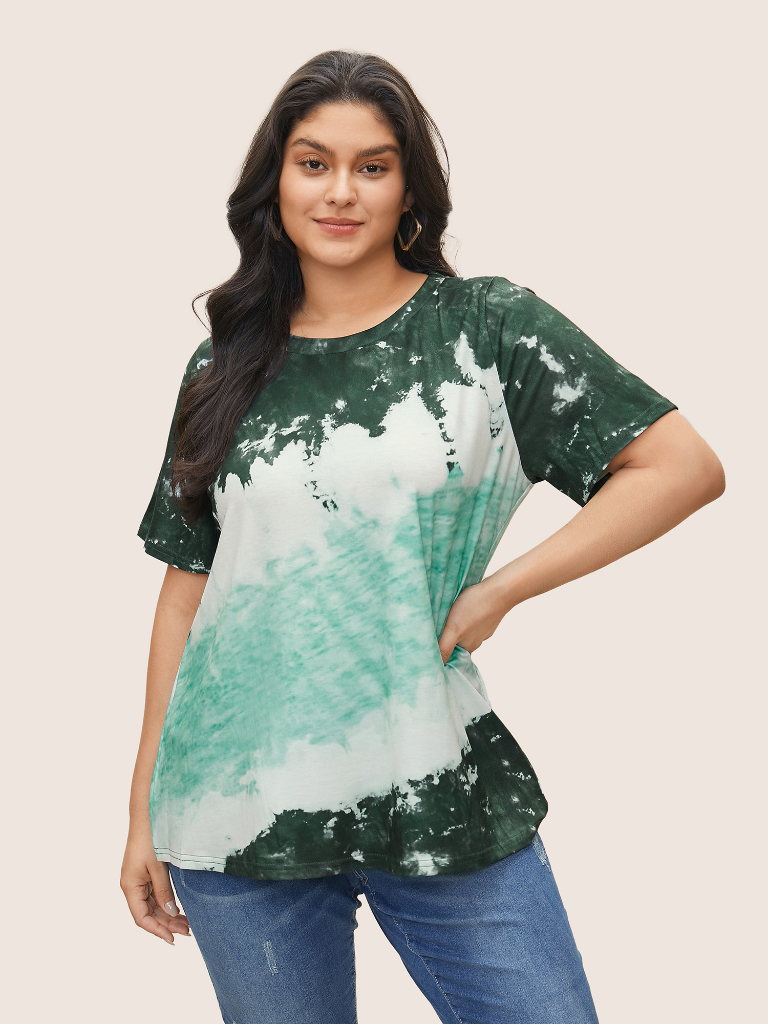 

Plus Size Tie Dye Round Neck T-shirt DarkGreen Women Casual Tie Dye Round Neck Everyday T-shirts BloomChic