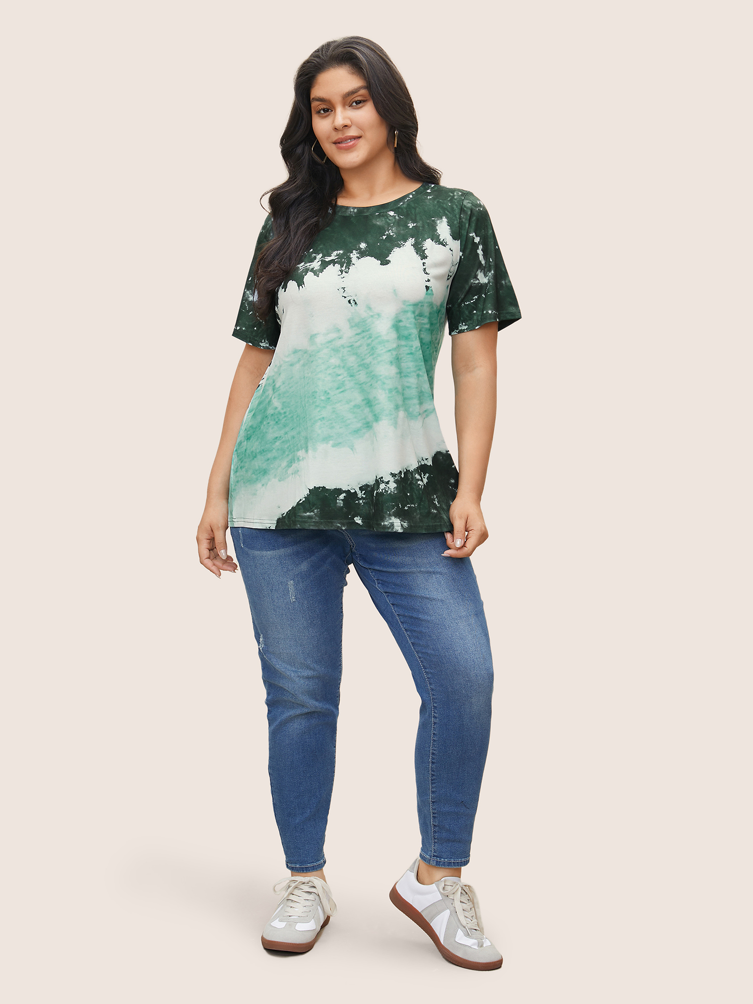 

Plus Size Tie Dye Round Neck T-shirt DarkGreen Women Casual Tie Dye Round Neck Everyday T-shirts BloomChic