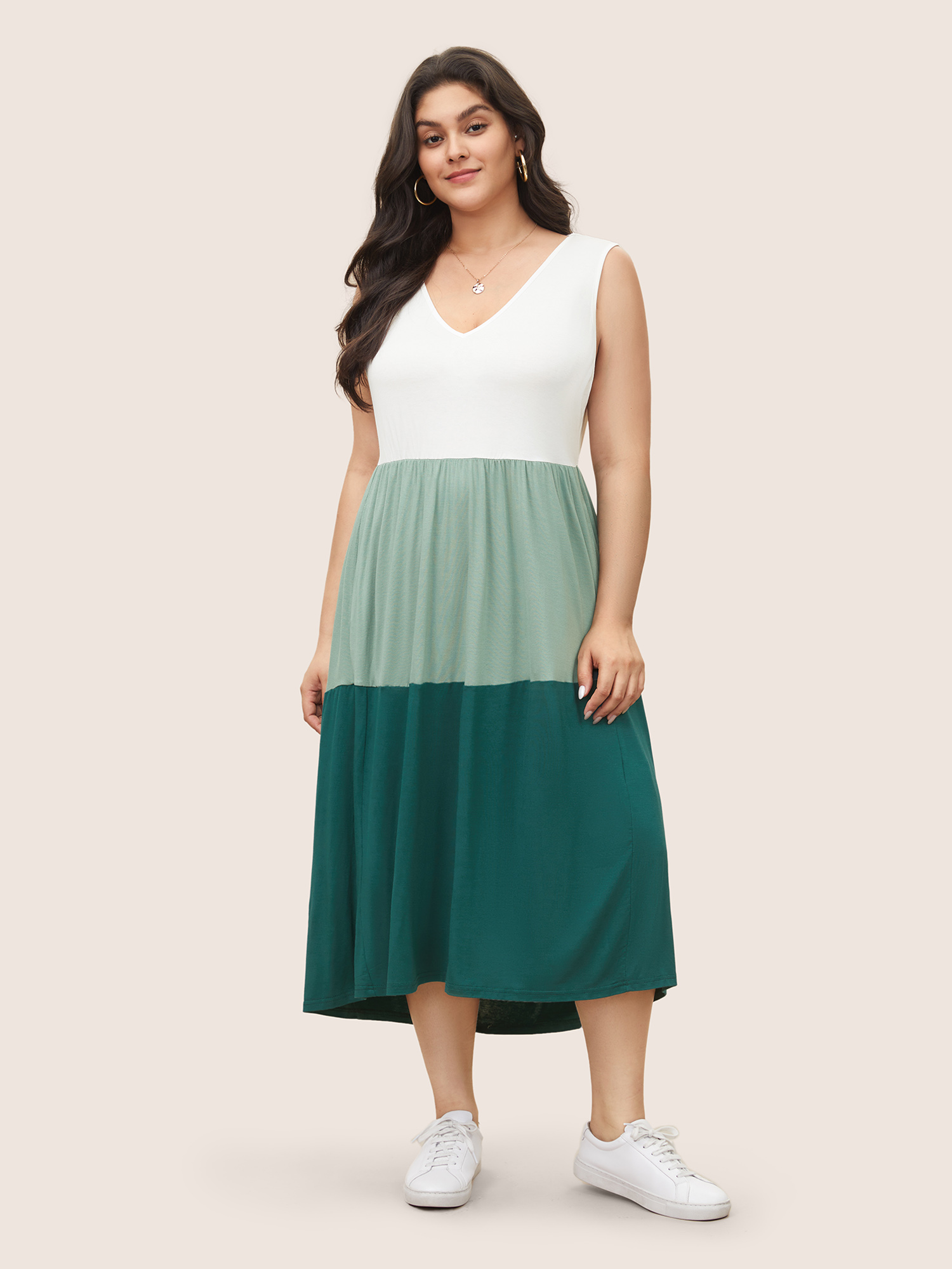 

Plus Size Colorblock Contrast Sleeveless Pocket Ruffle Hem Tank Dress Cyan Women Casual Non V-neck Sleeveless Curvy Midi Dress BloomChic