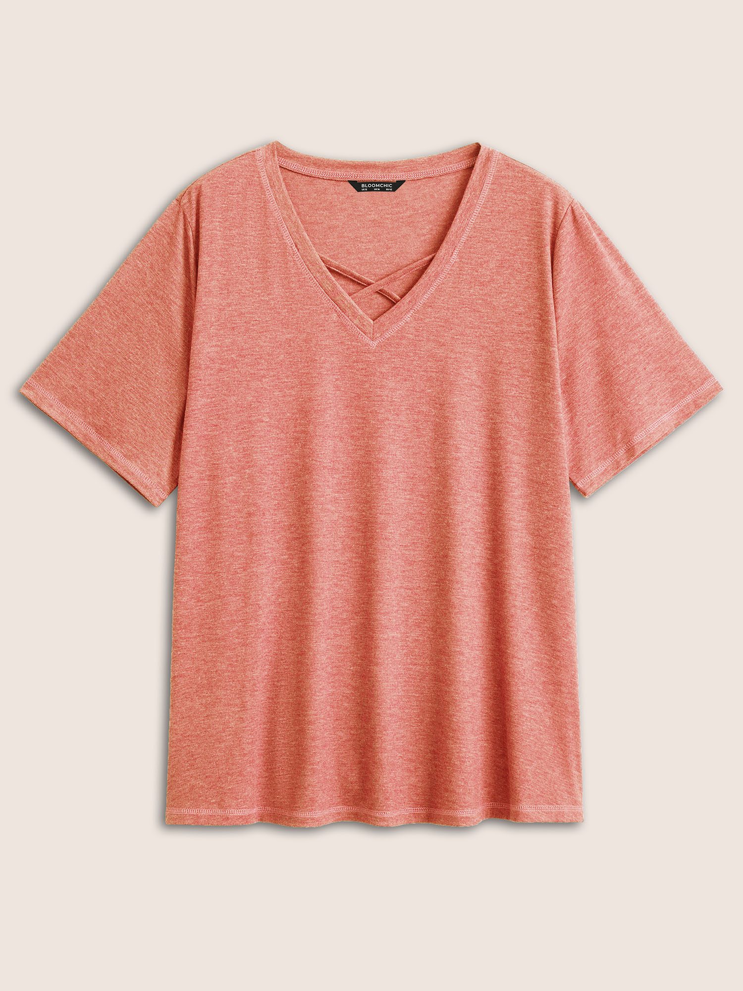 

Plus Size Solid Crisscross Neck Contrast Stitch T-shirt Coral Women Casual Plain V-neck Everyday T-shirts BloomChic