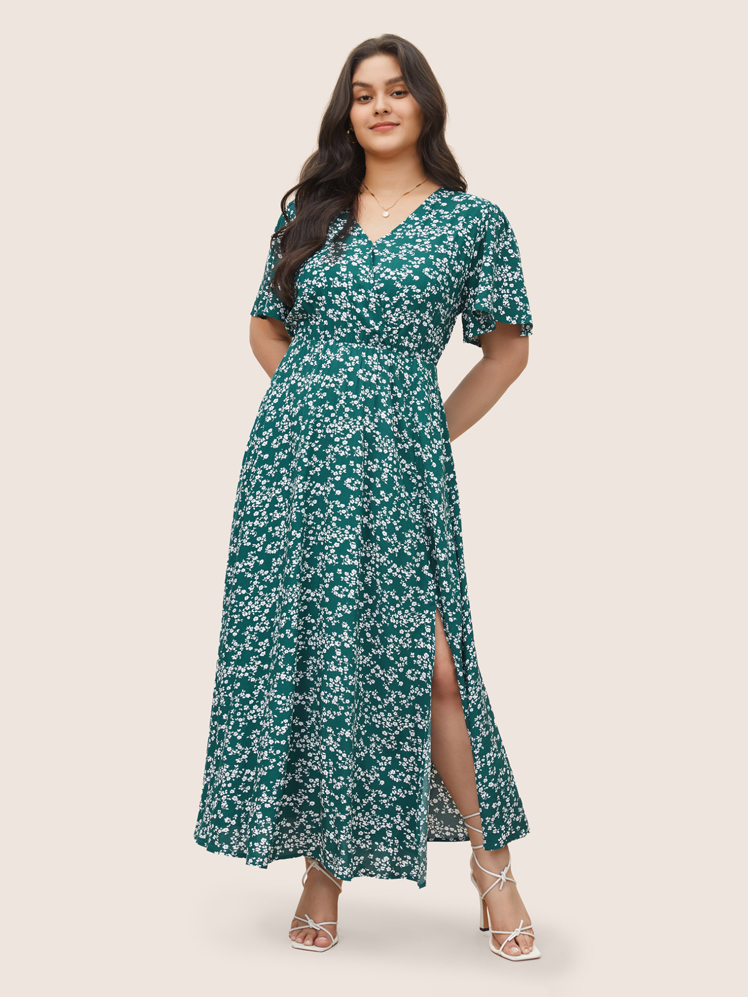 Plus Size Women Everyday Ditsy Floral Printed Ruffle Sleeve Half Sleeve V-neck Pocket Elegant Dresses BloomChic 