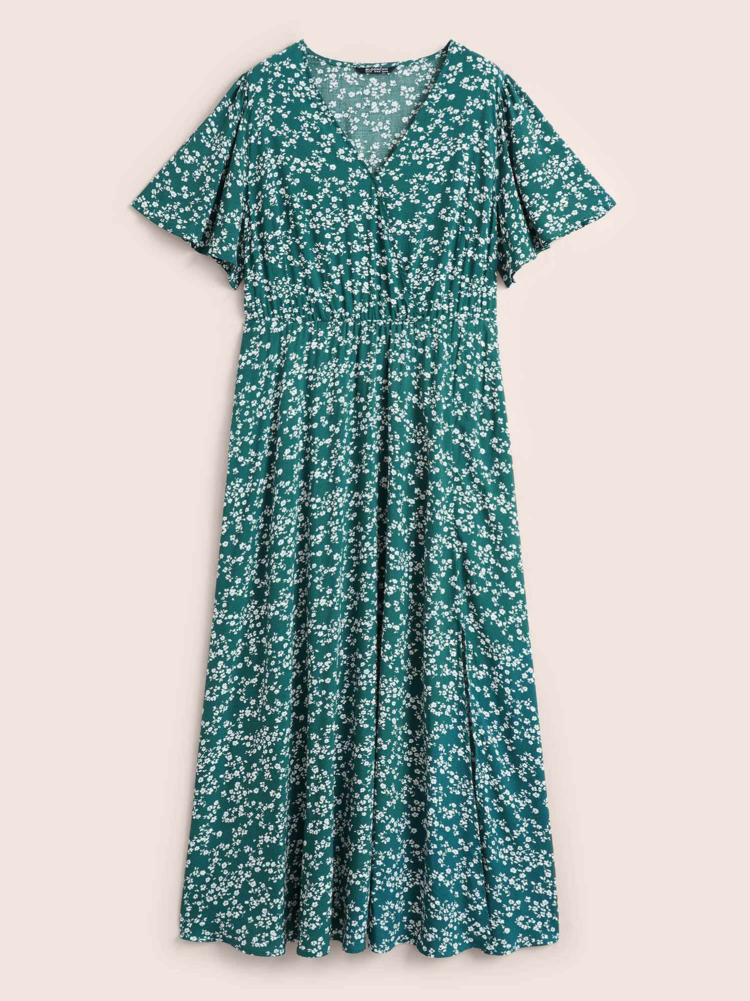 Plus Size Women Everyday Ditsy Floral Printed Ruffle Sleeve Half Sleeve V-neck Pocket Elegant Dresses BloomChic 