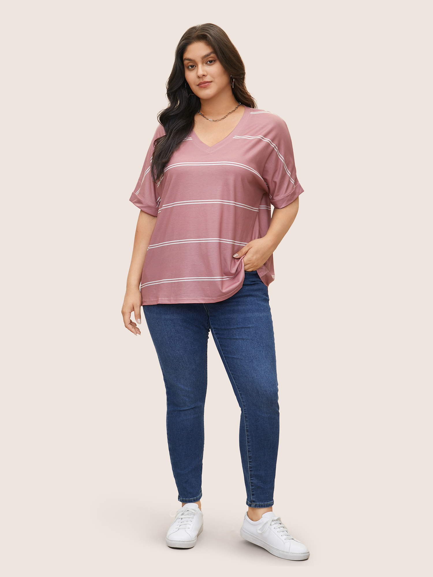 Plus Size Striped Contrast Dolman Sleeve T-shirt Crepe Women Casual Striped V-neck Everyday T-shirts BloomChic 14-16/1X 