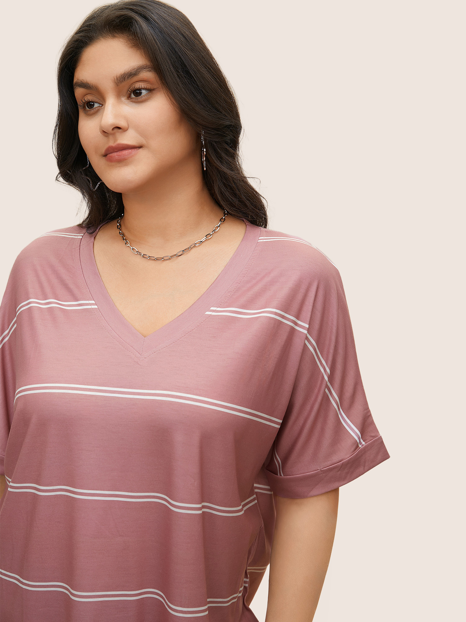 Plus Size Striped Contrast Dolman Sleeve T-shirt Crepe Women Casual Striped V-neck Everyday T-shirts BloomChic 14-16/1X 