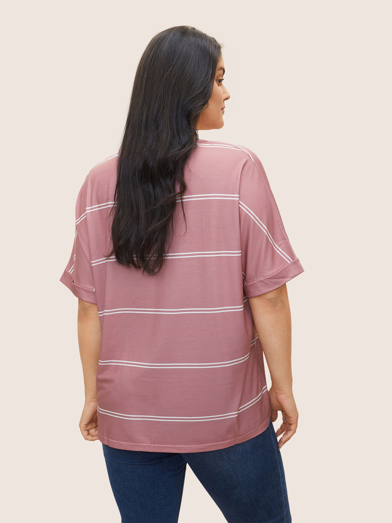 Plus Size Striped Contrast Dolman Sleeve T-shirt Crepe Women Casual Striped V-neck Everyday T-shirts BloomChic 14-16/1X 
