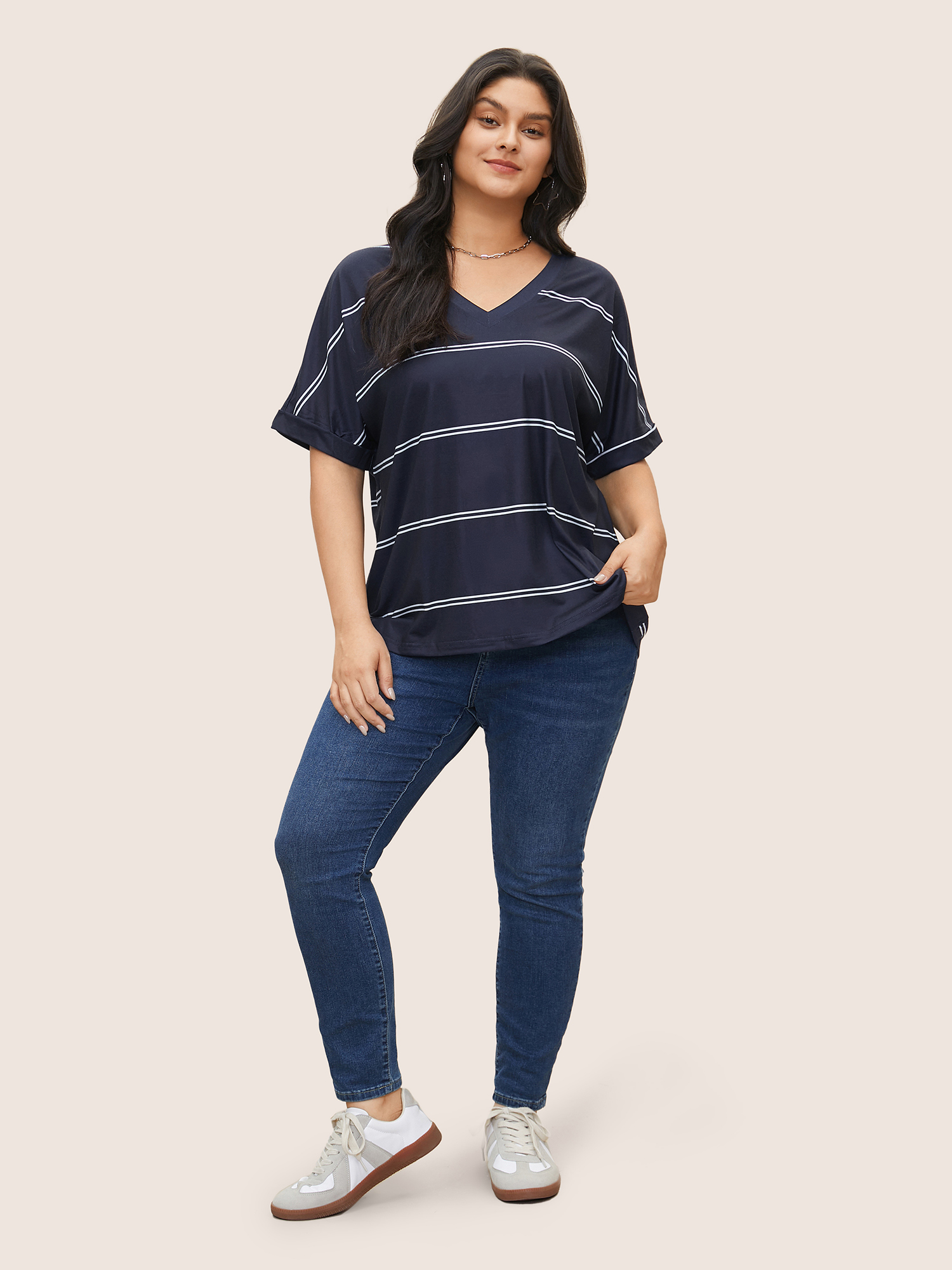 Plus Size Striped Contrast Dolman Sleeve T-shirt Navy Women Casual Striped V-neck Everyday T-shirts BloomChic 12/L 