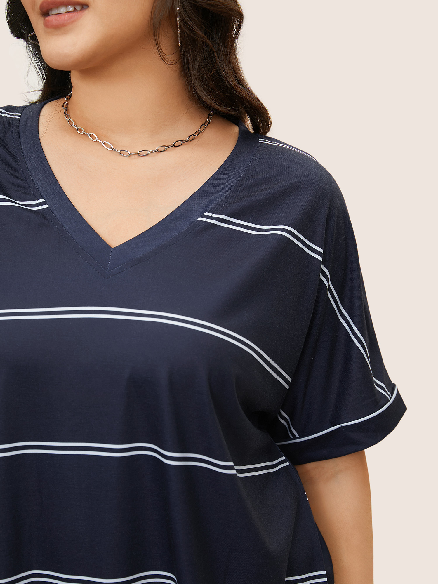 Plus Size Striped Contrast Dolman Sleeve T-shirt Navy Women Casual Striped V-neck Everyday T-shirts BloomChic 12/L 