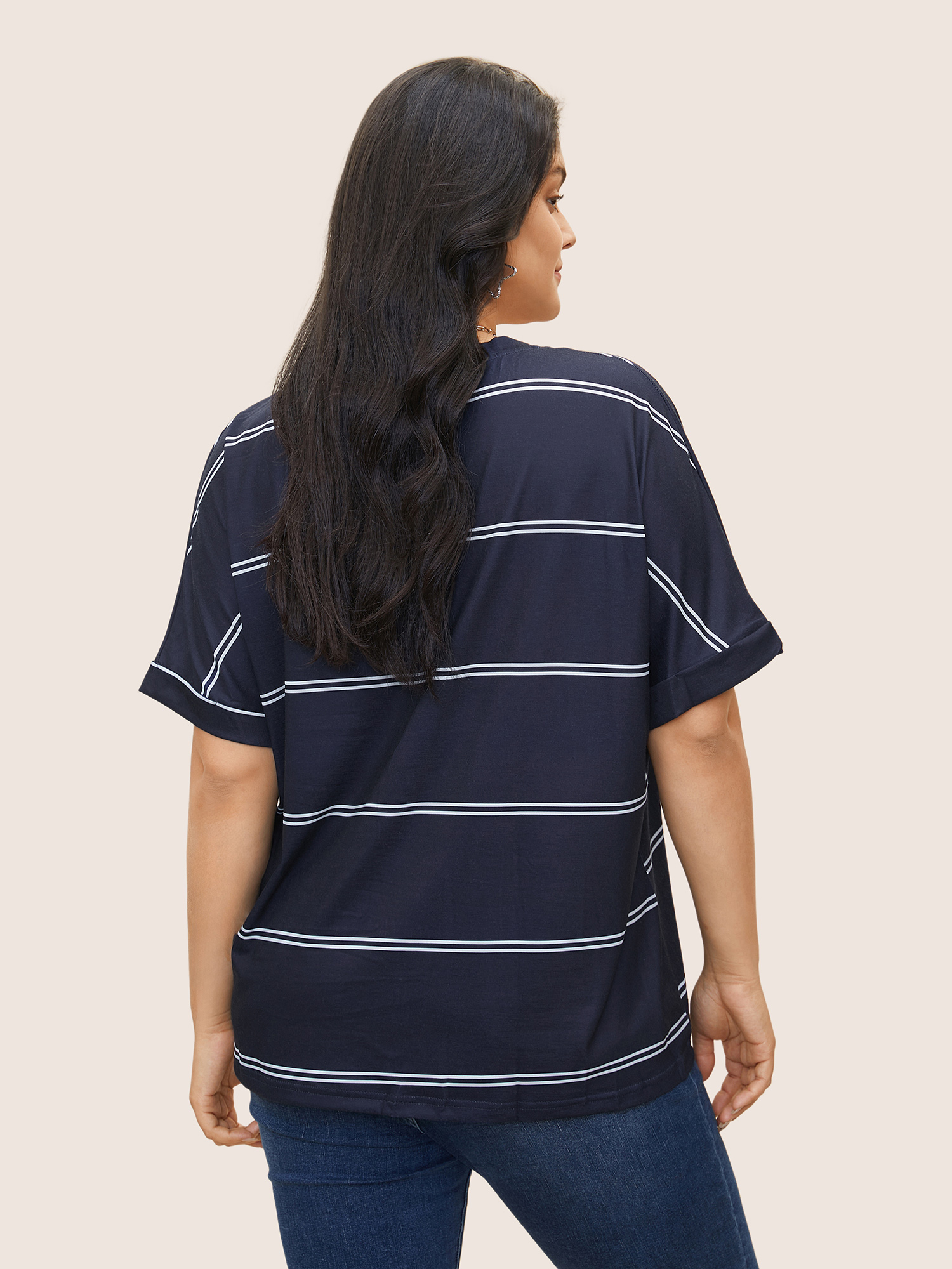 Plus Size Striped Contrast Dolman Sleeve T-shirt Navy Women Casual Striped V-neck Everyday T-shirts BloomChic 12/L 
