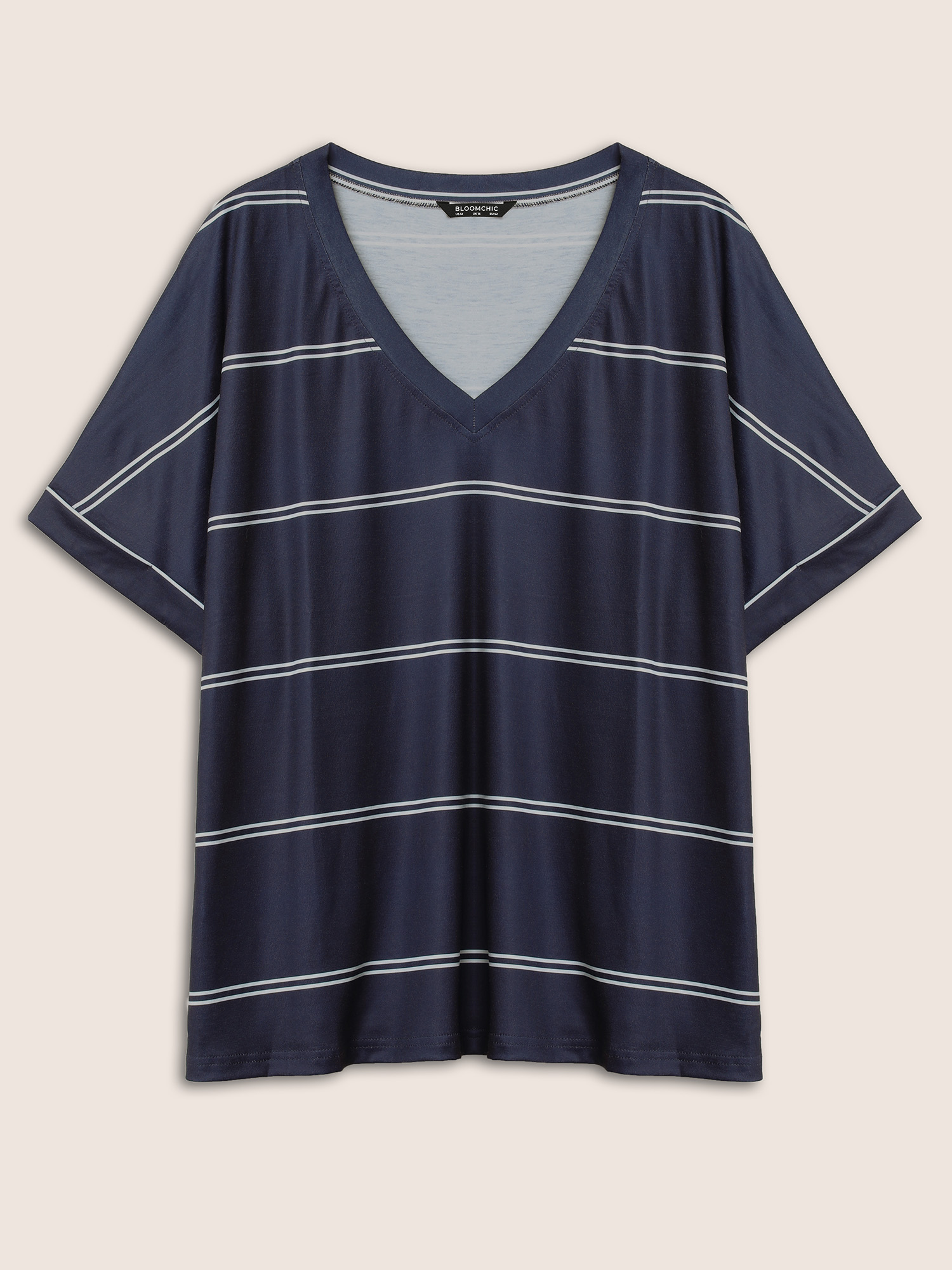 

Plus Size Striped Contrast Dolman Sleeve T-shirt Navy Women Casual Striped V-neck Everyday T-shirts BloomChic