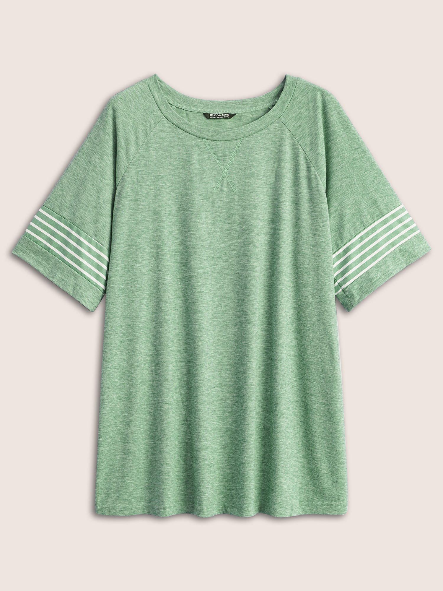 

Plus Size Striped Contrast Raglan Sleeve Crew Neck T-shirt Mint Women Casual Plain Round Neck Everyday T-shirts BloomChic