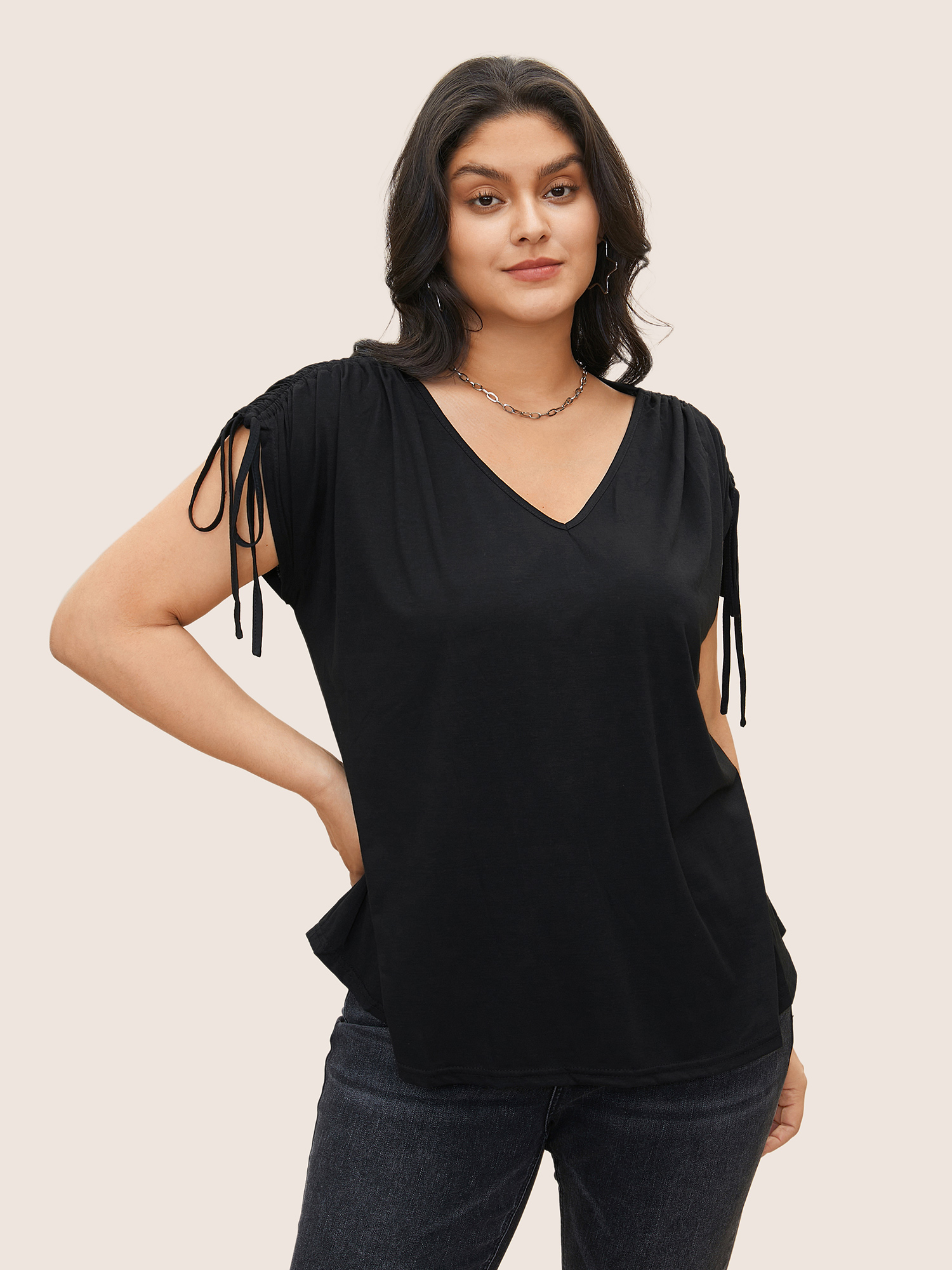 

Solid Drawstring Dolman Sleeve T-shirt, Black