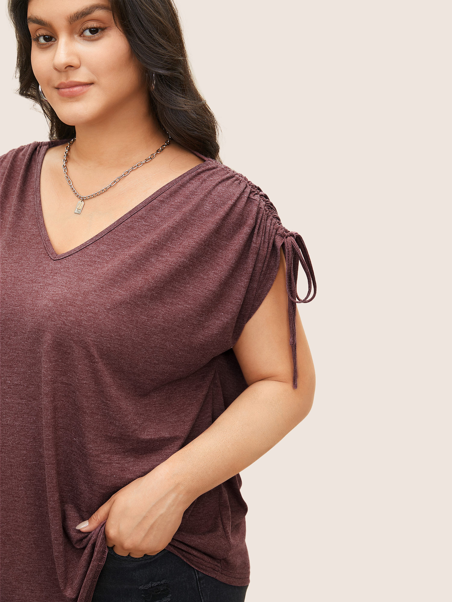 

Plus Size Solid Drawstring Dolman Sleeve T-shirt Burgundy Women Casual Drawstring Plain V-neck Everyday T-shirts BloomChic