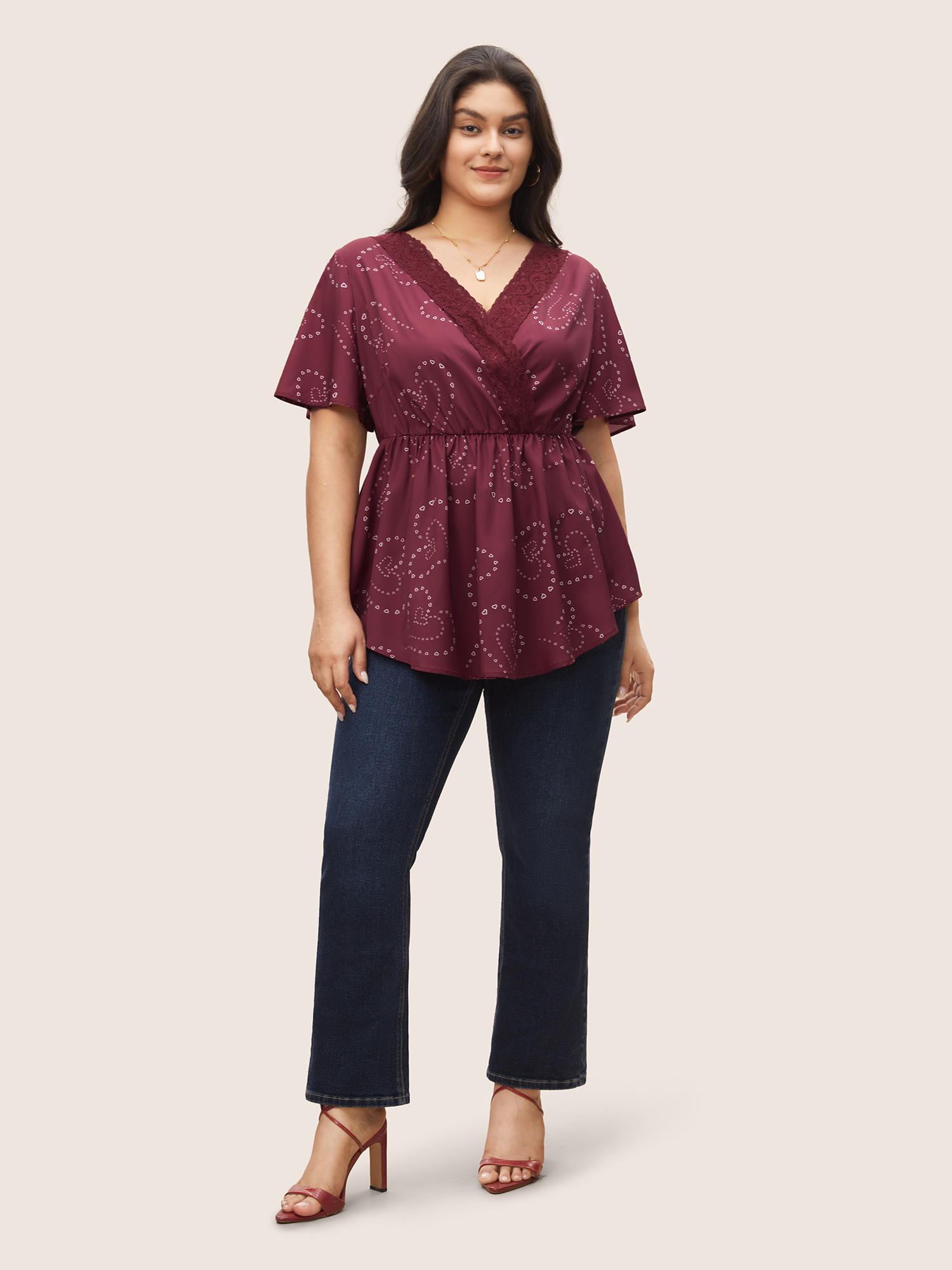 Plus Size Scarlet Heart Lace Patchwork Wrap Elastic Waist Blouse Women Elegant Short sleeve Overlap Collar Everyday Blouses BloomChic 22-24/3X 