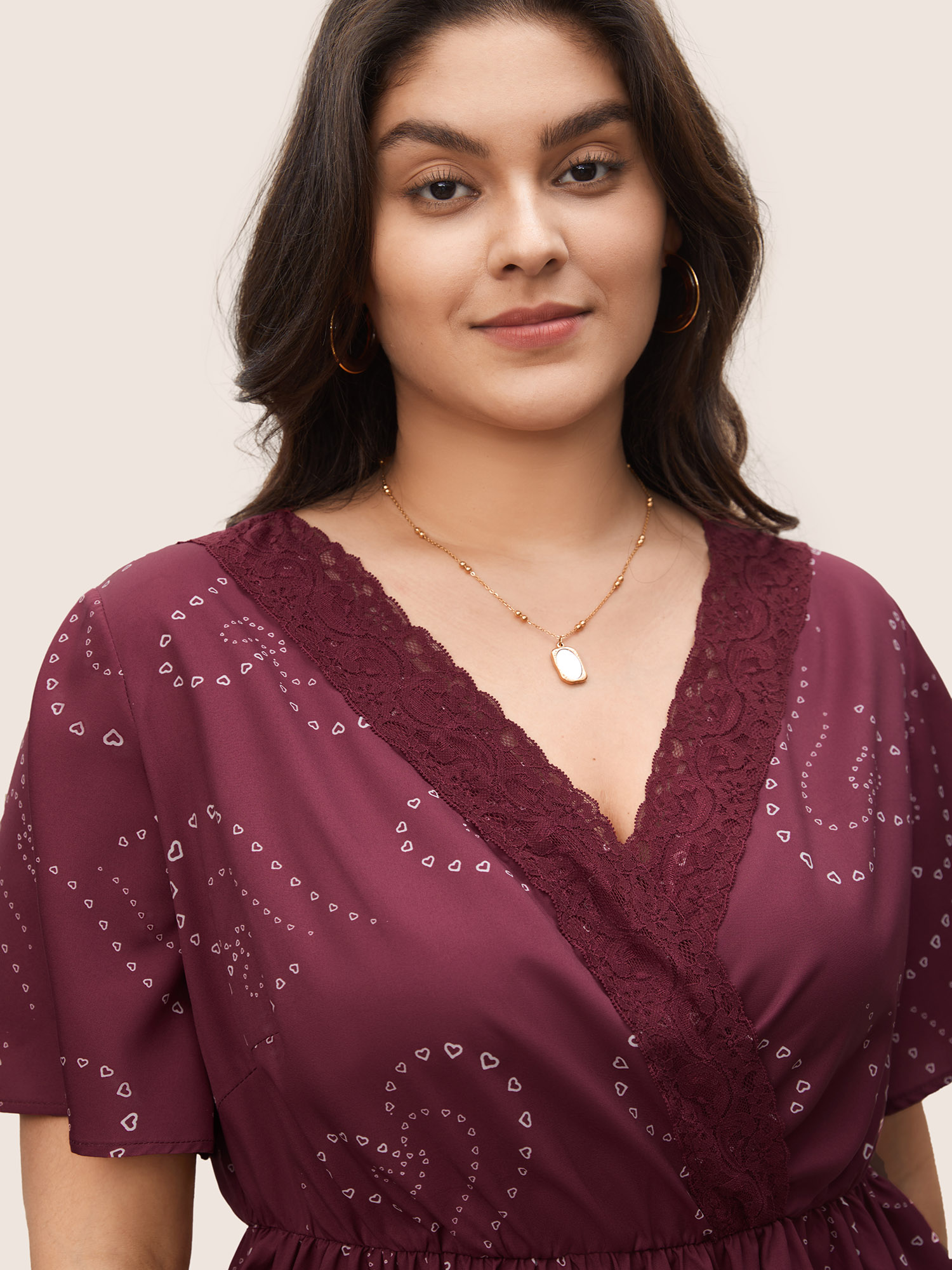 Plus Size Scarlet Heart Lace Patchwork Wrap Elastic Waist Blouse Women Elegant Short sleeve Overlap Collar Everyday Blouses BloomChic 22-24/3X 