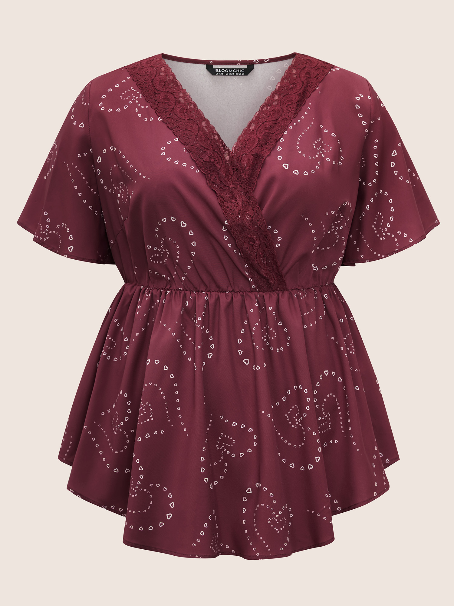 Plus Size Scarlet Heart Lace Patchwork Wrap Elastic Waist Blouse Women Elegant Short sleeve Overlap Collar Everyday Blouses BloomChic 22-24/3X 