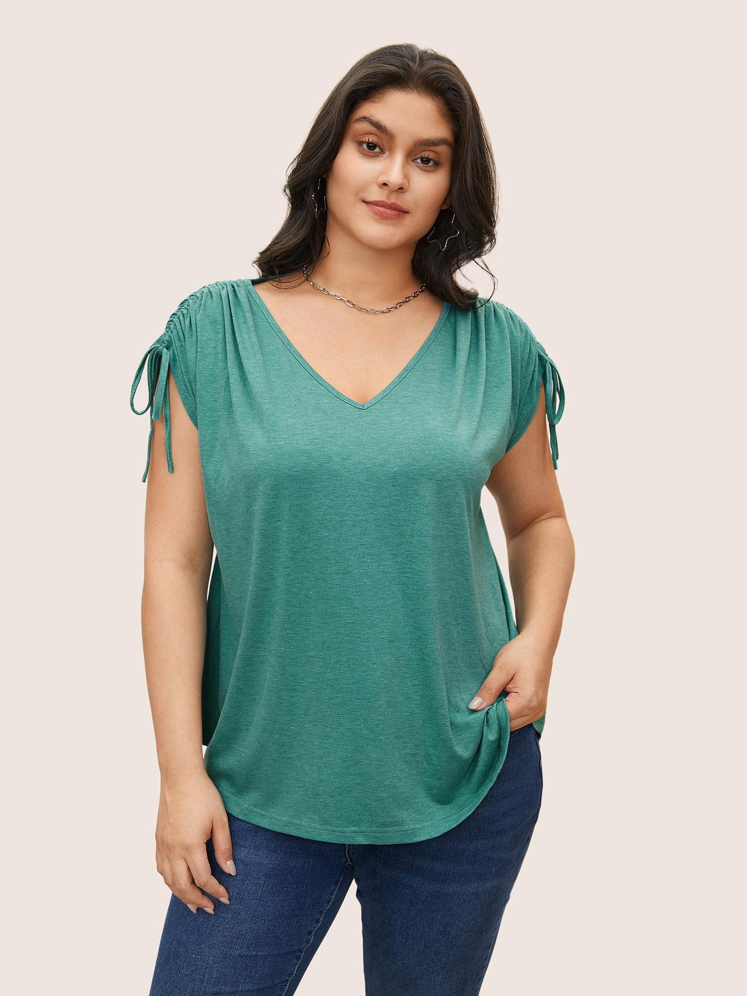 

Solid Drawstring Dolman Sleeve T-shirt, Emerald