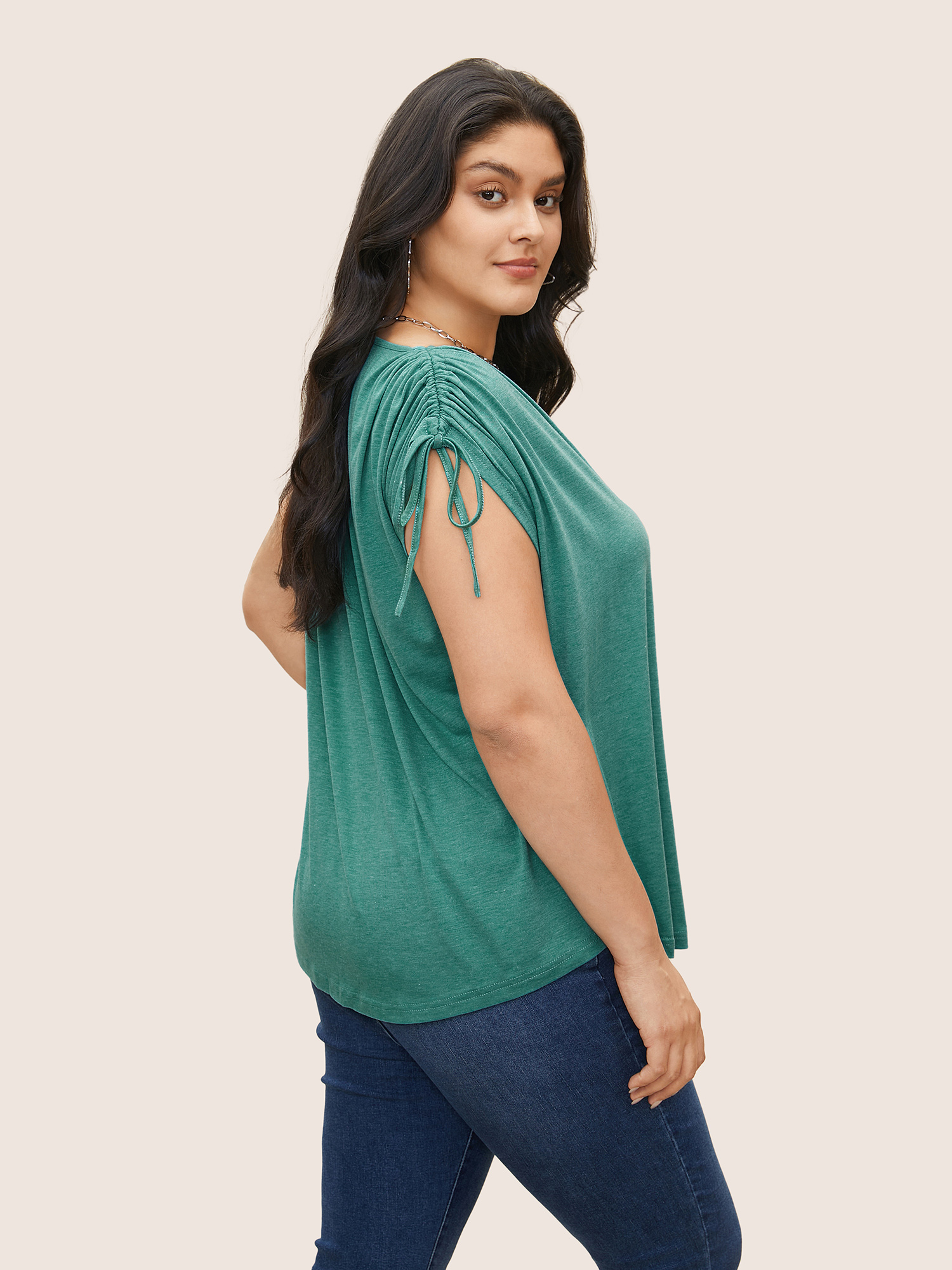 

Plus Size Solid Drawstring Dolman Sleeve T-shirt Emerald V-neck Short sleeve Casual Jersey Tops