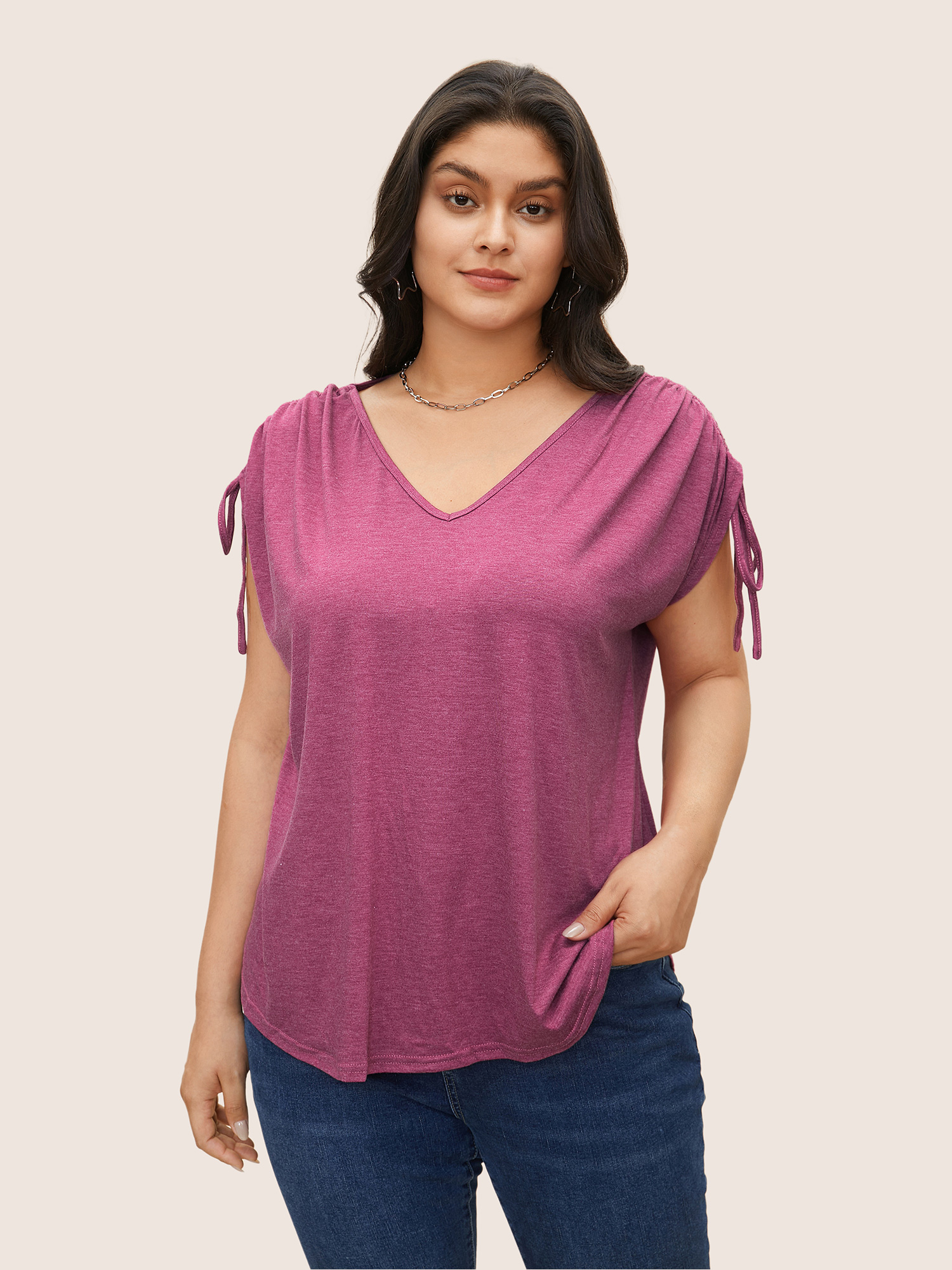 

Plus Size Solid Drawstring Dolman Sleeve T-shirt RedViolet V-neck Short sleeve Casual Jersey Tops