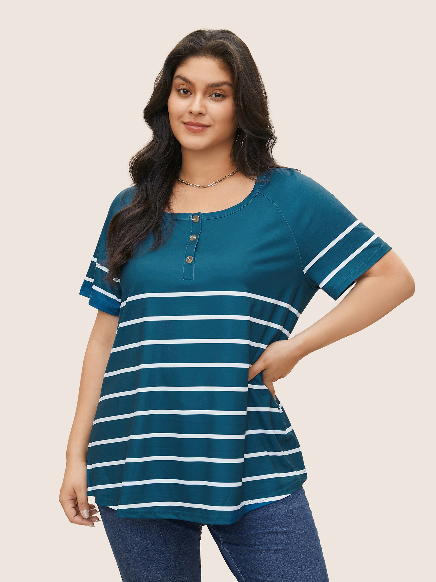 

Plus Size Striped Print Raglan Sleeve Button Up T-shirt Aegean Women Casual Contrast Striped Round Neck Everyday T-shirts BloomChic