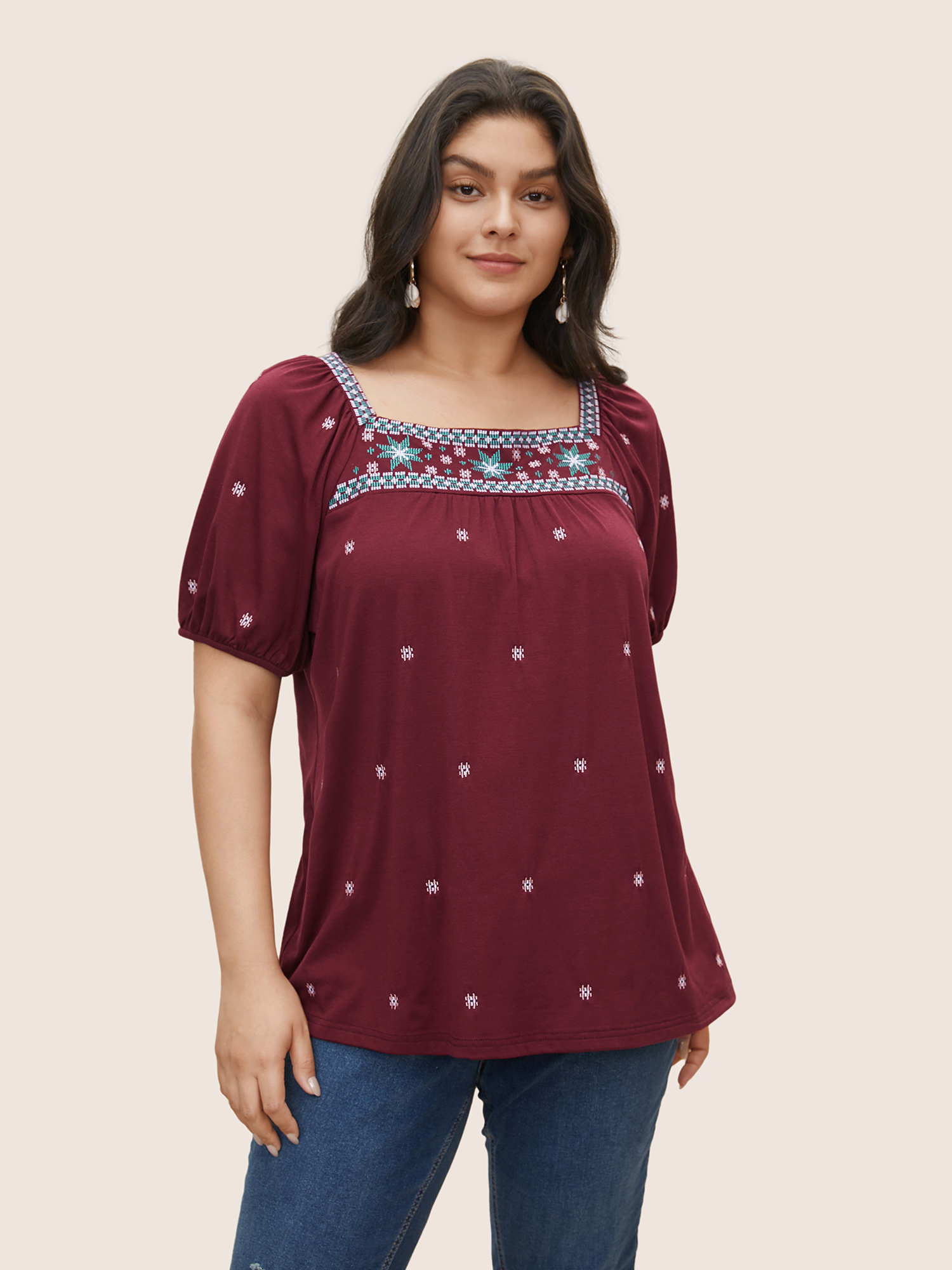 

Plus Size Bandana Embroidered Puff Sleeve Gathered T-shirt Burgundy Square Neck Short sleeve Resort Jersey Tops