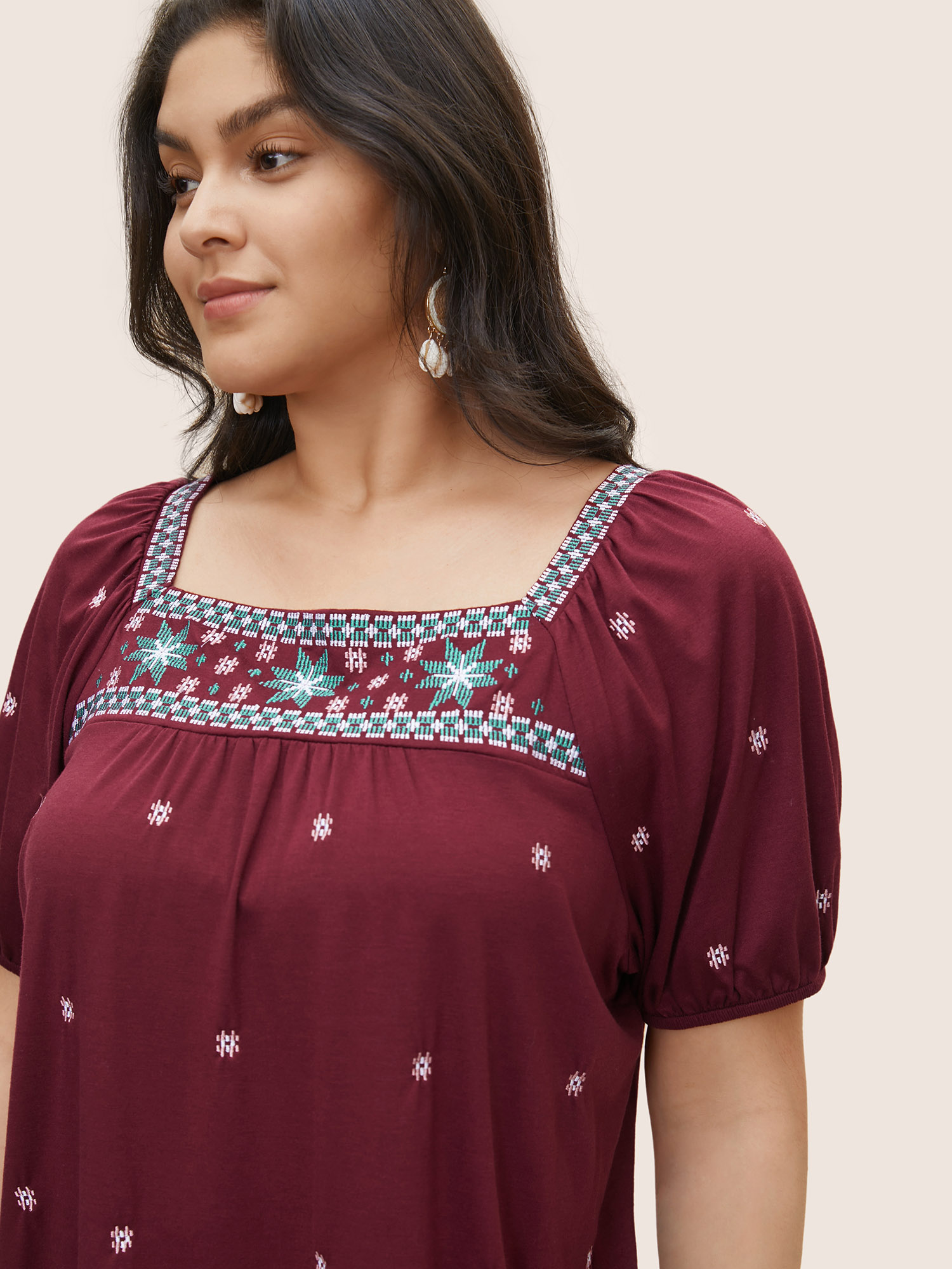 

Plus Size Bandana Embroidered Puff Sleeve Gathered T-shirt Burgundy Women Resort Embroidered Bohemian Print Square Neck Vacation T-shirts BloomChic