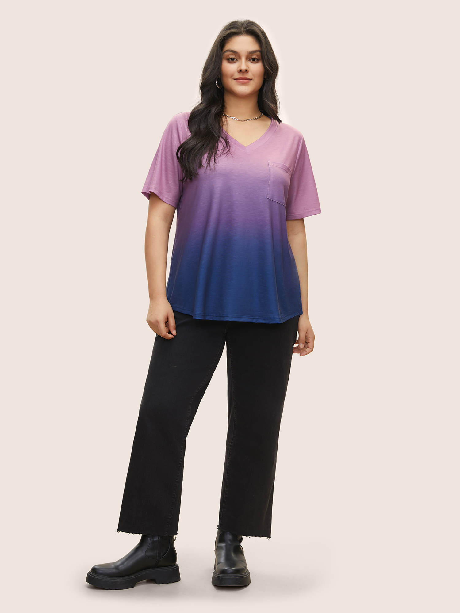 Plus Size Ombre Contrast Patched Pocket T-shirt Multicolor Women Casual Non Ombre V-neck Everyday T-shirts BloomChic 18-20/2X 