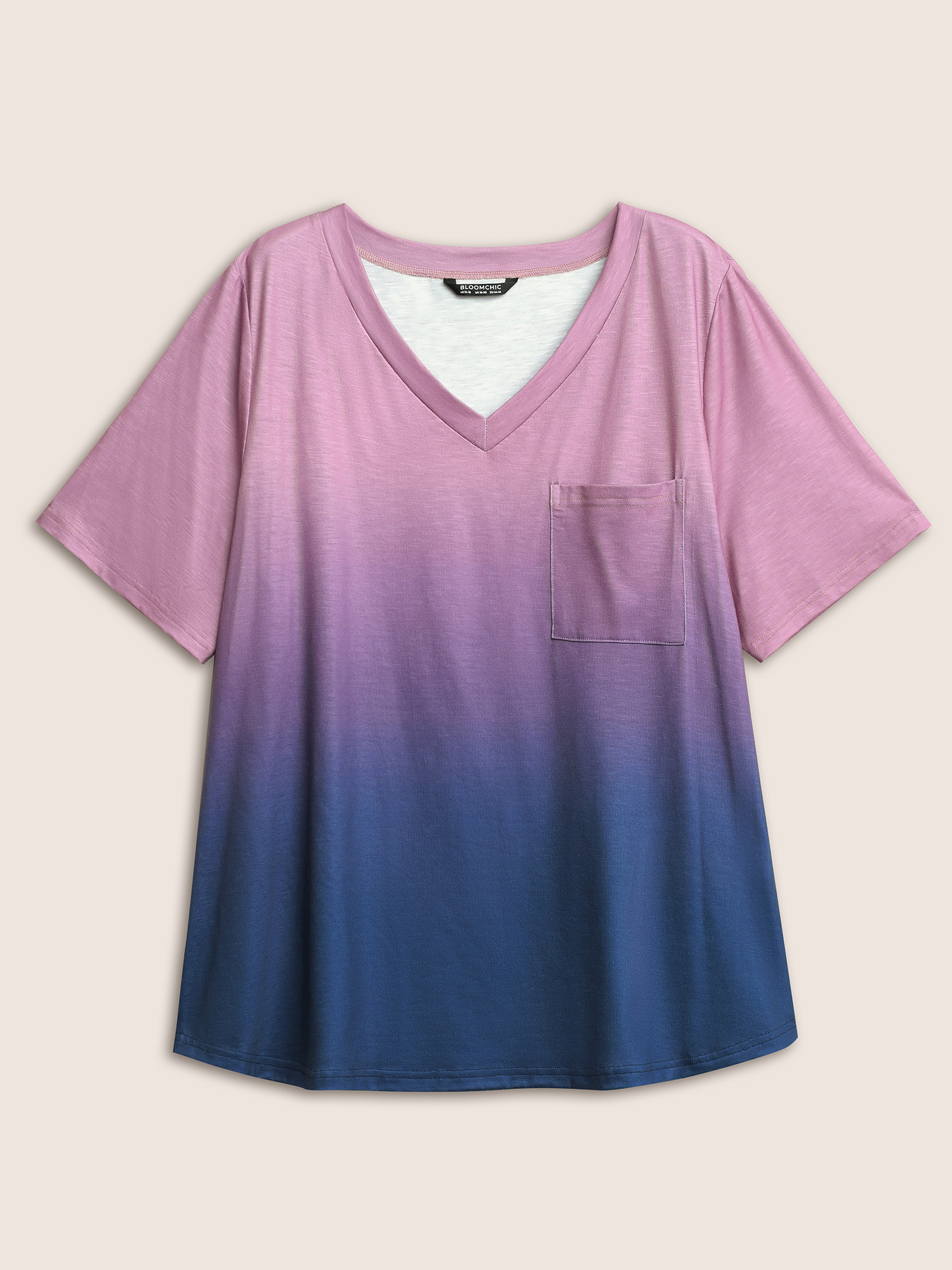 Plus Size Ombre Contrast Patched Pocket T-shirt Multicolor Women Casual Non Ombre V-neck Everyday T-shirts BloomChic 18-20/2X 