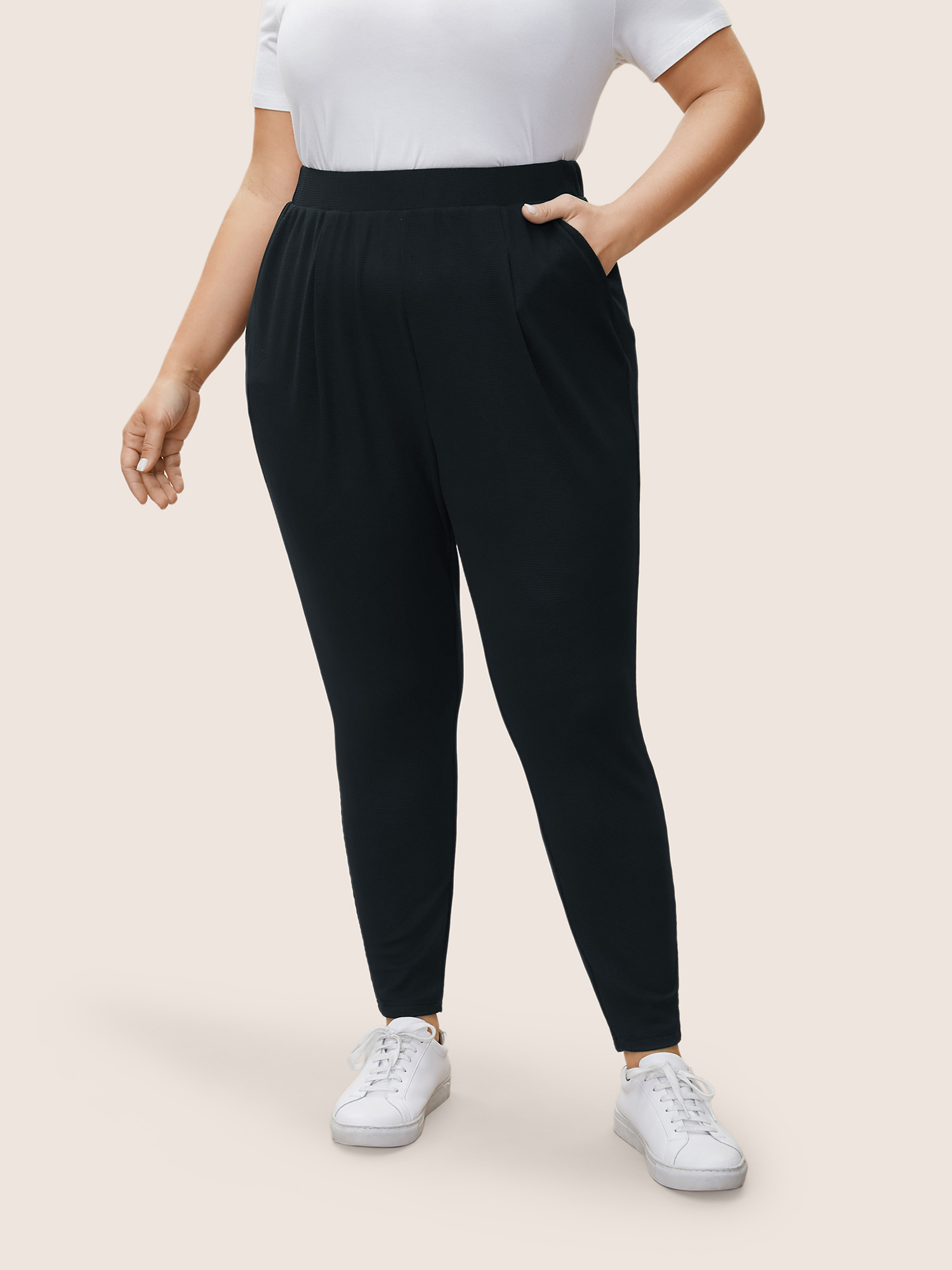 

Plus Size Solid Mid Rise Gathered Elastic Waist Pants Women Black Work From Home Mid Rise Work Pants BloomChic