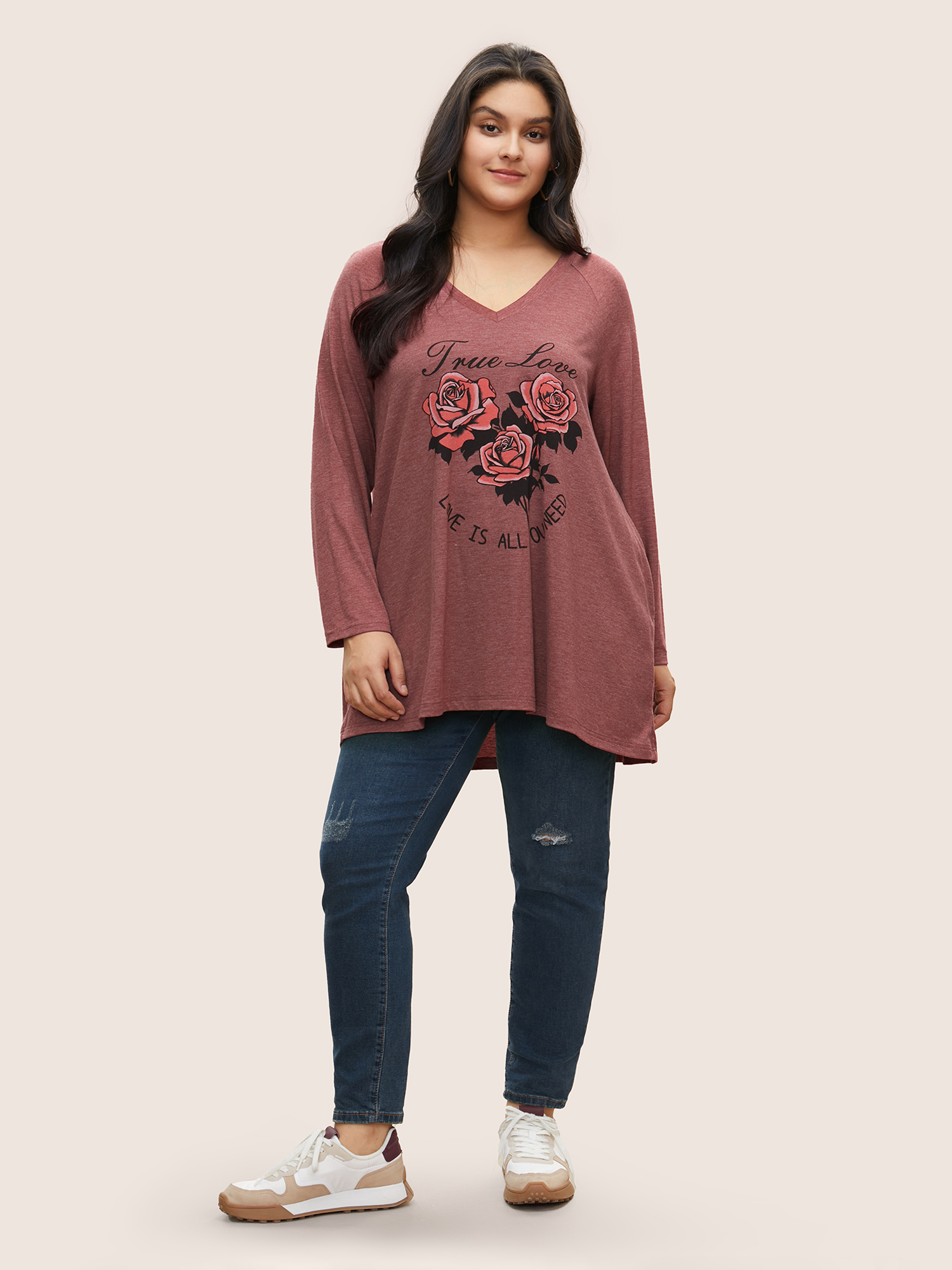 

Plus Size Rose Print Pocket Raglan Sleeve Tunic T-shirt Russet Women Casual Non Floral Everyday T-shirts BloomChic