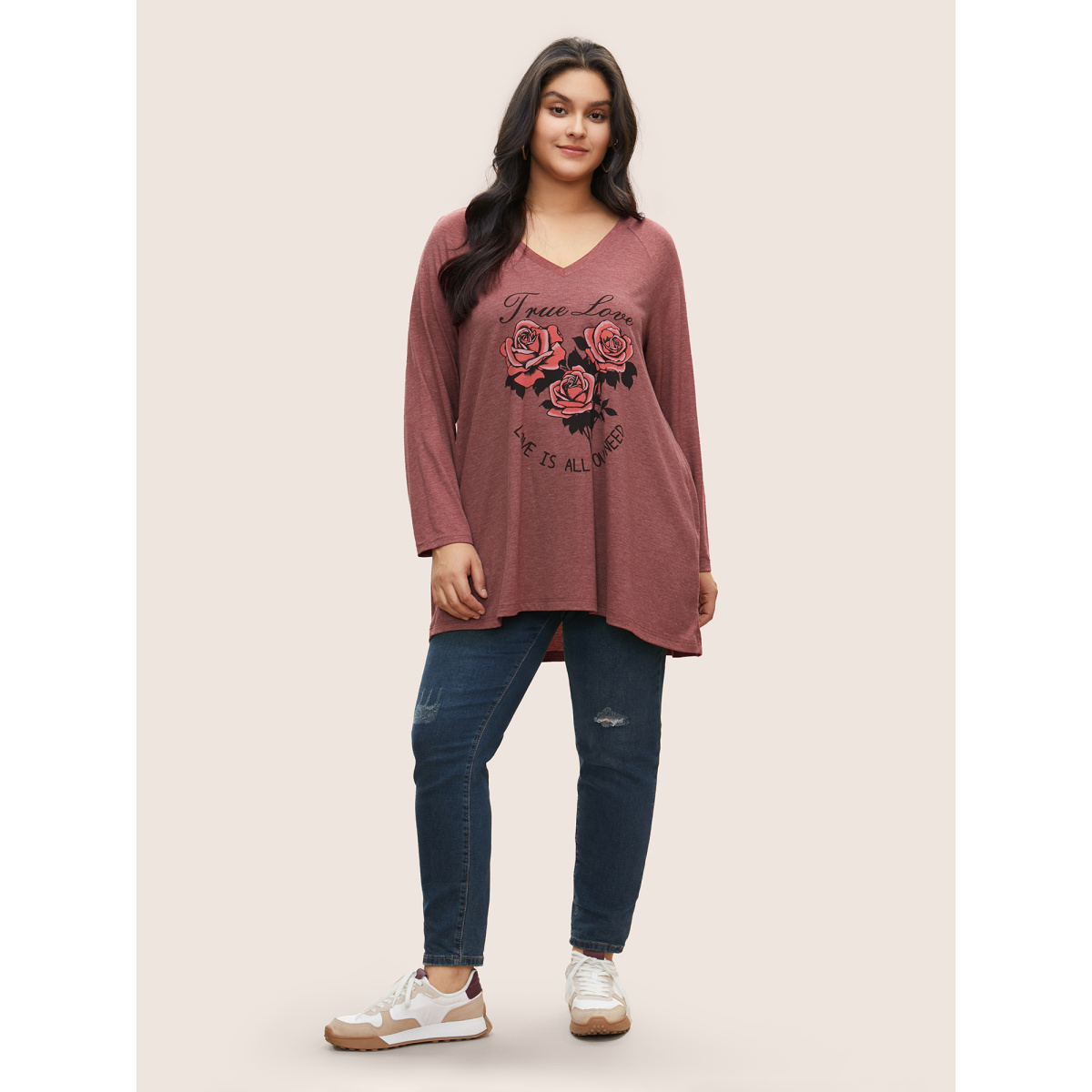 

Plus Size Rose Print Pocket Raglan Sleeve Tunic T-shirt Russet Women Casual Non Floral Everyday T-shirts BloomChic