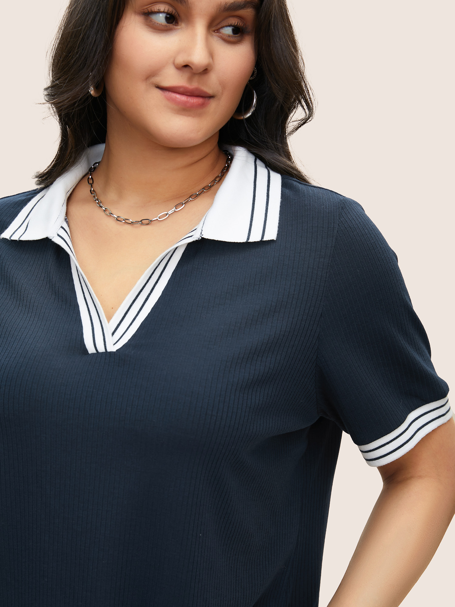 

Plus Size Striped Patchwork Polo Neck Rib Knit T-shirt Indigo Women Casual Contrast Plain Polo Everyday T-shirts BloomChic