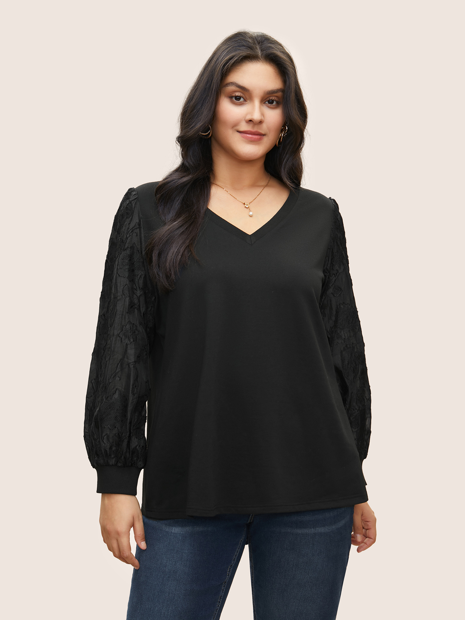 

Plus Size Plain Chiffon Patchwork Lantern Sleeve Sweatshirt Women Black Elegant Texture V-neck Everyday Sweatshirts BloomChic