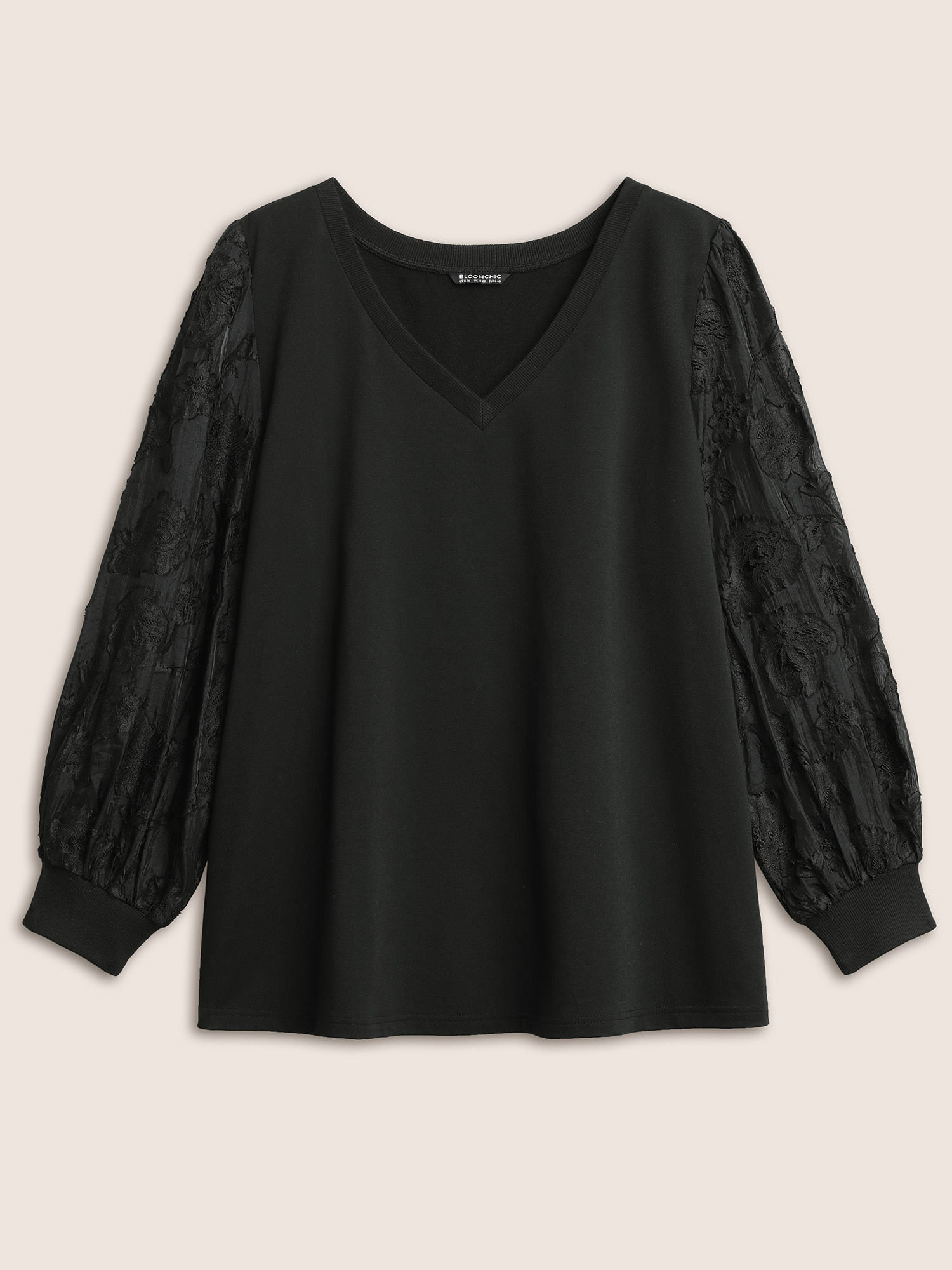 

Plus Size Plain Chiffon Patchwork Lantern Sleeve Sweatshirt Women Black Elegant Texture V-neck Everyday Sweatshirts BloomChic