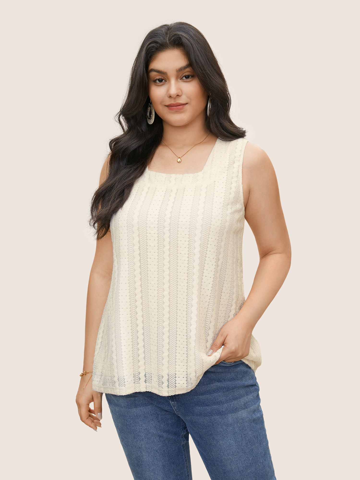 

Plus Size Solid Plisse Square Neck Sleeveless Tank Top Women Beige Elegant Texture Square Neck Everyday Tank Tops Camis BloomChic