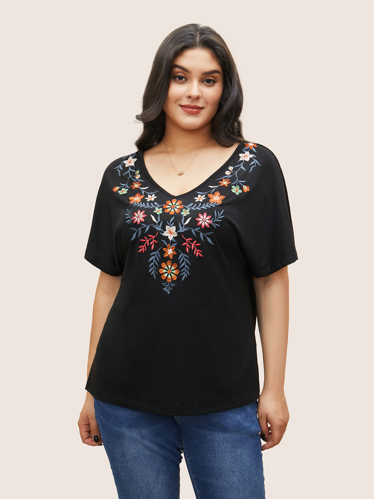 

Plus Size Floral Embroidered Batwing Sleeve T-shirt Black Women Resort Embroidered Floral V-neck Vacation T-shirts BloomChic