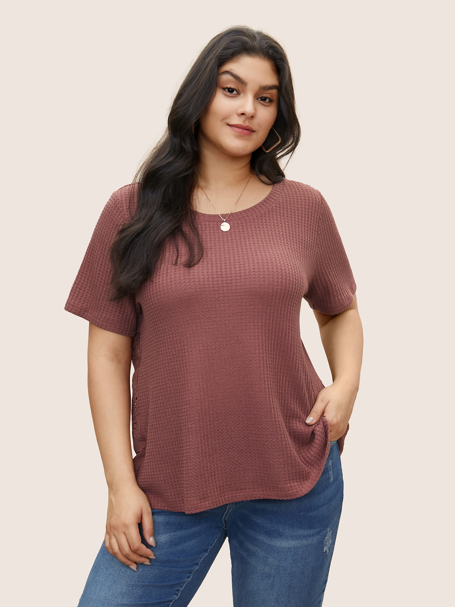 

Plus Size Waffle Knit Patchwork Broderie Anglaise T-shirt DustyPink Women Casual Texture Plain Round Neck Everyday T-shirts BloomChic