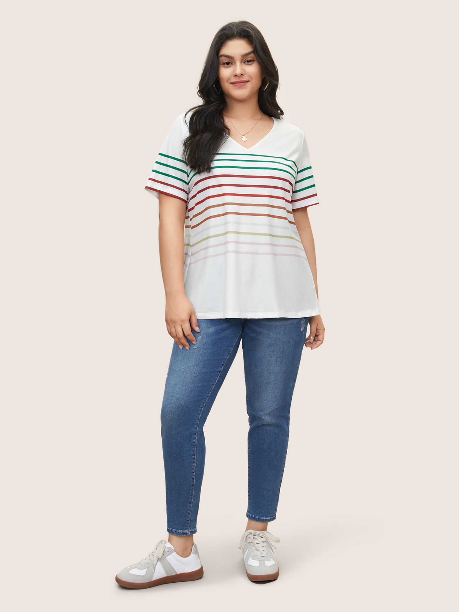 Plus Size Contrast Striped V Neck T-shirt White Women Casual Contrast Striped V-neck Everyday T-shirts BloomChic 22-24/3X 
