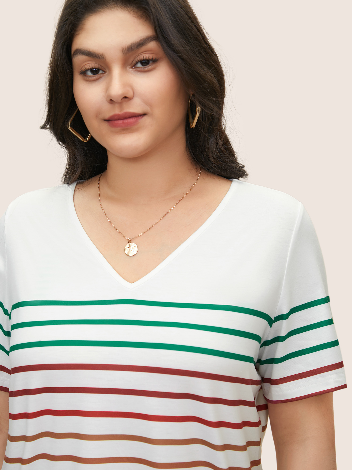 Plus Size Contrast Striped V Neck T-shirt White Women Casual Contrast Striped V-neck Everyday T-shirts BloomChic 22-24/3X 