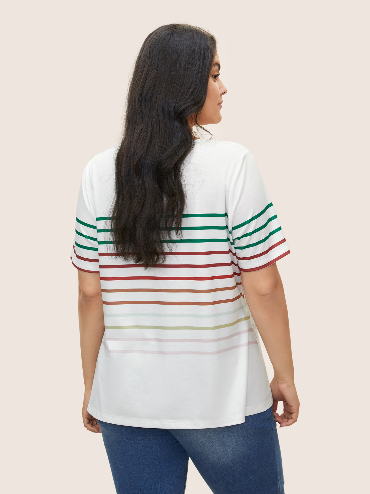 

Plus Size Contrast Striped V Neck T-shirt White Women Casual Contrast Striped V-neck Everyday T-shirts BloomChic